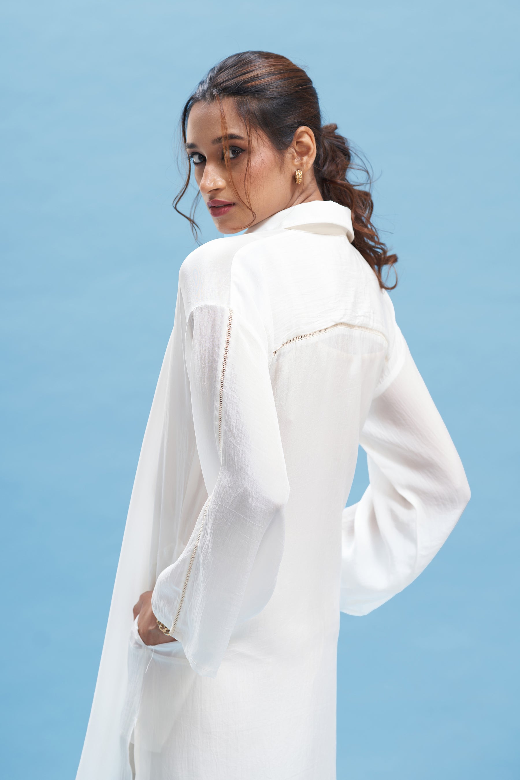 White kimono Shirt And Beige Pant Set