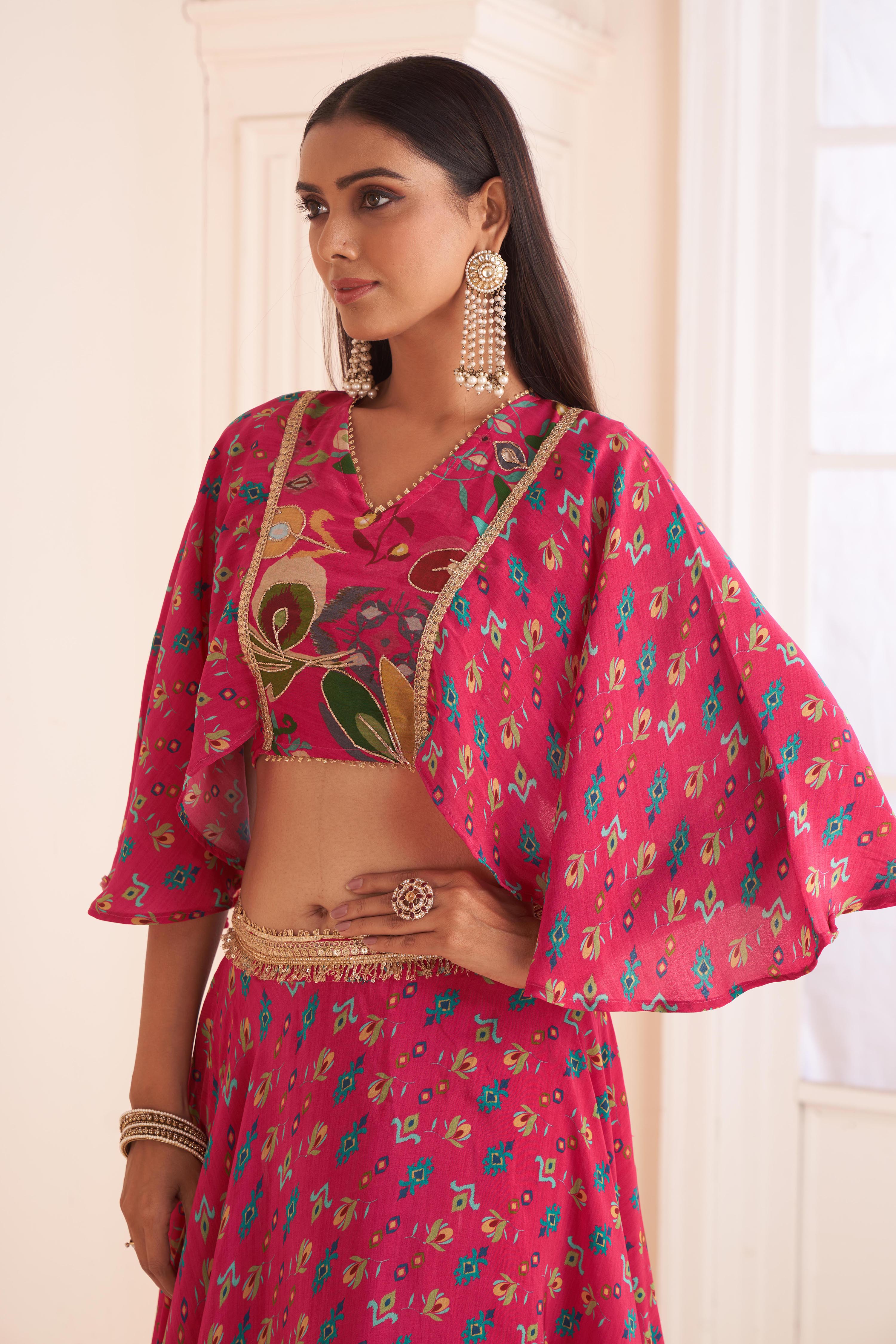 Hot Pink Printed Lehenga With Cape Blouse