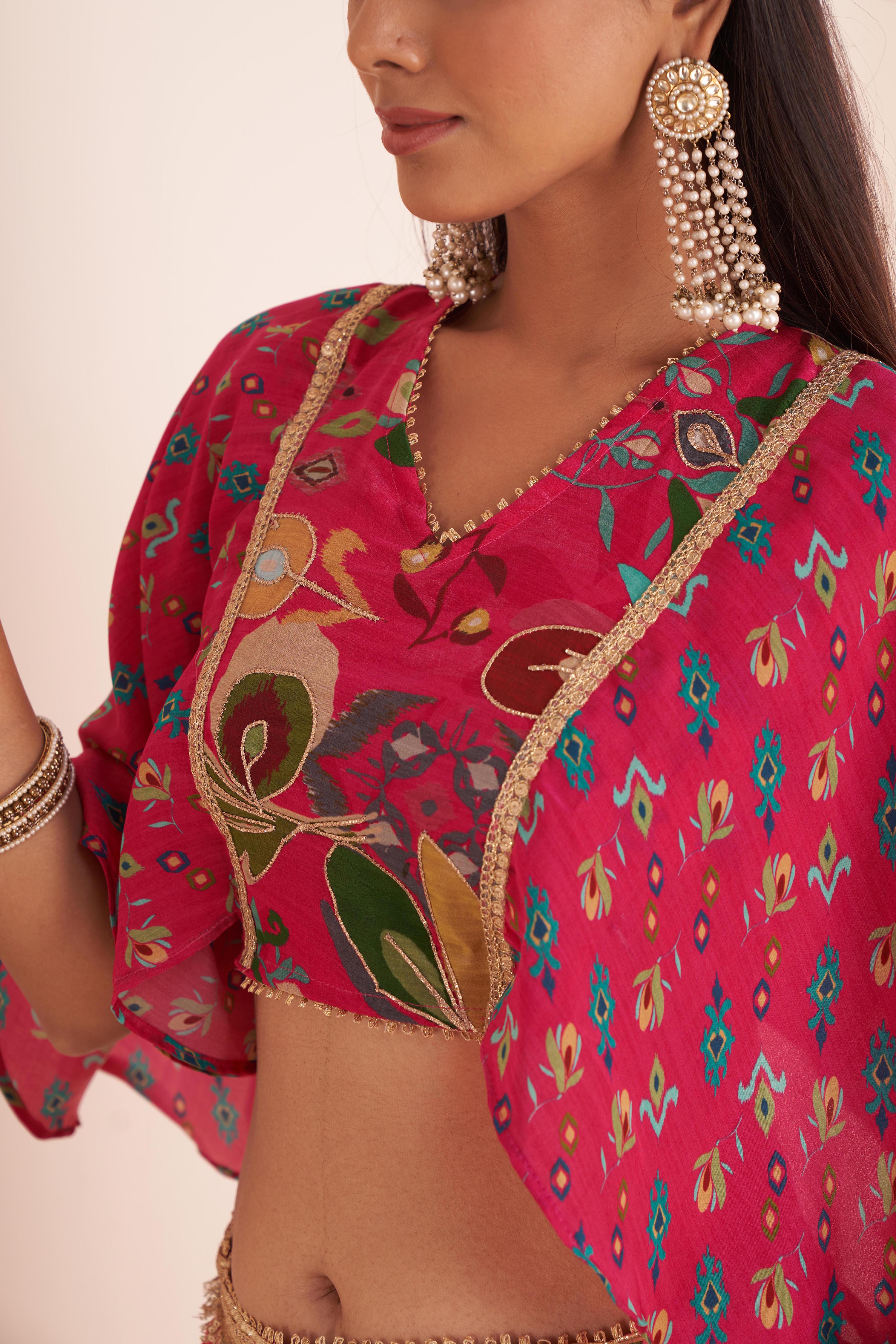 Hot Pink Printed Lehenga With Cape Blouse