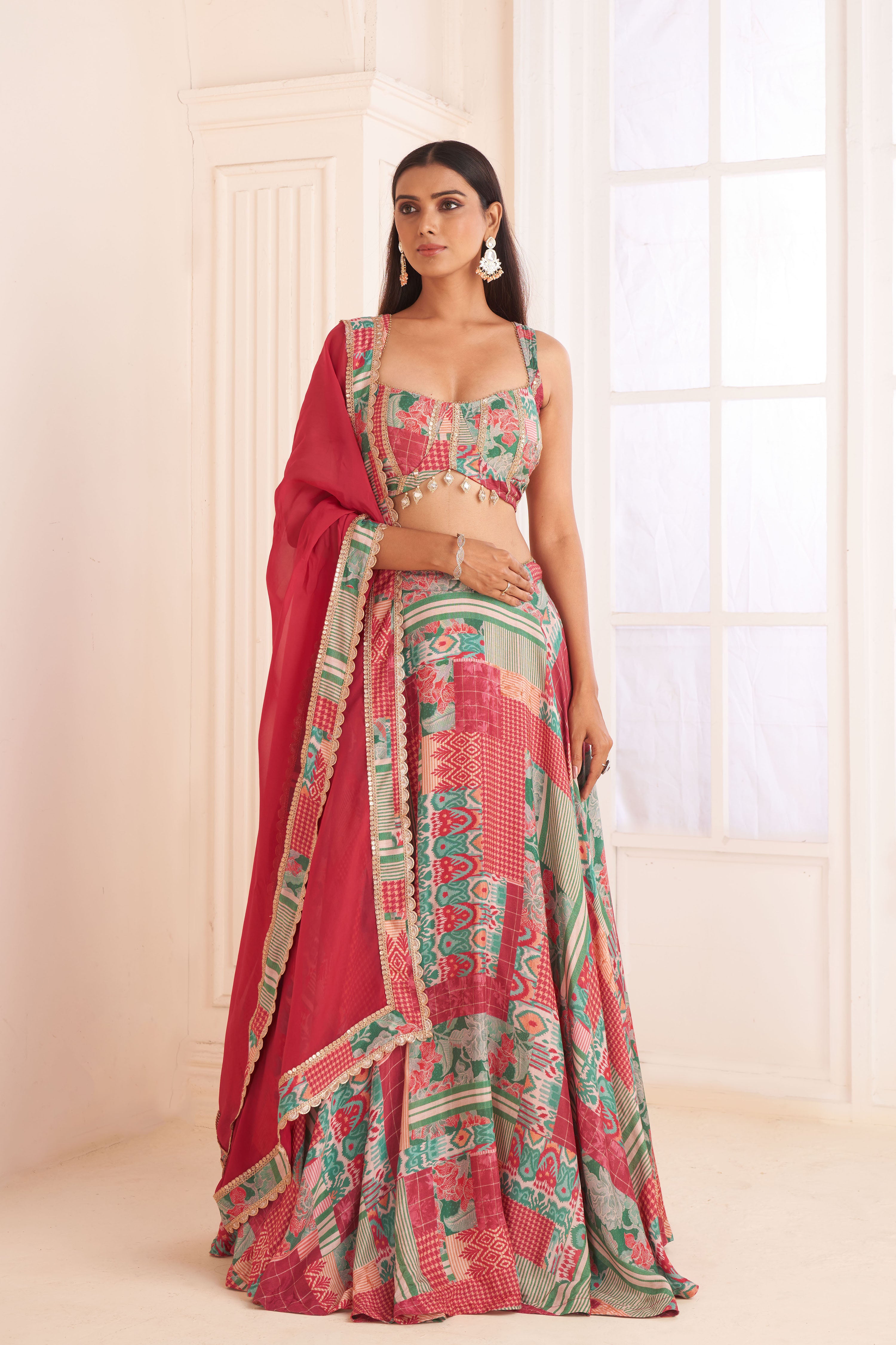 Green patch printed & embroidered lehenga set