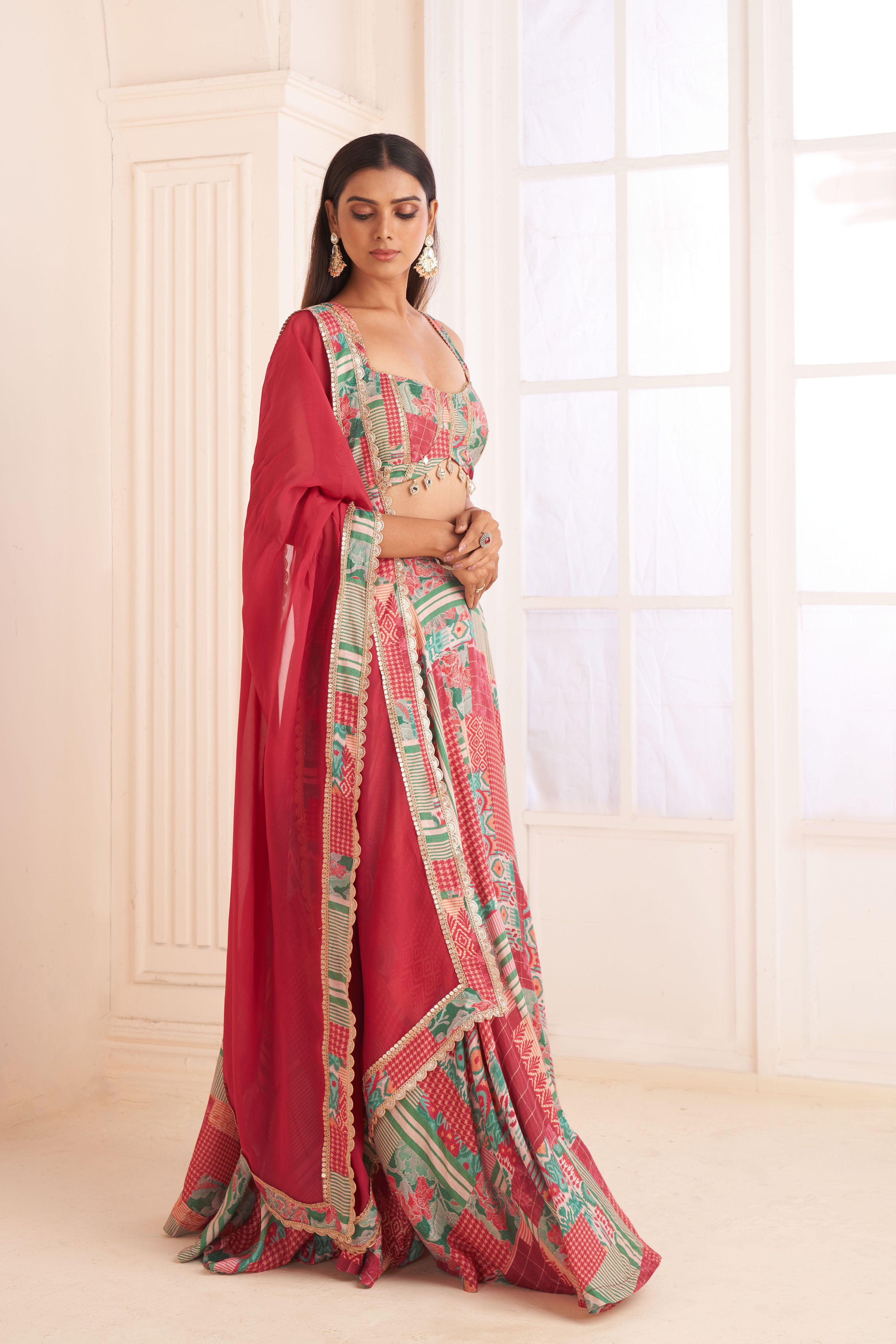 Green patch printed & embroidered lehenga set