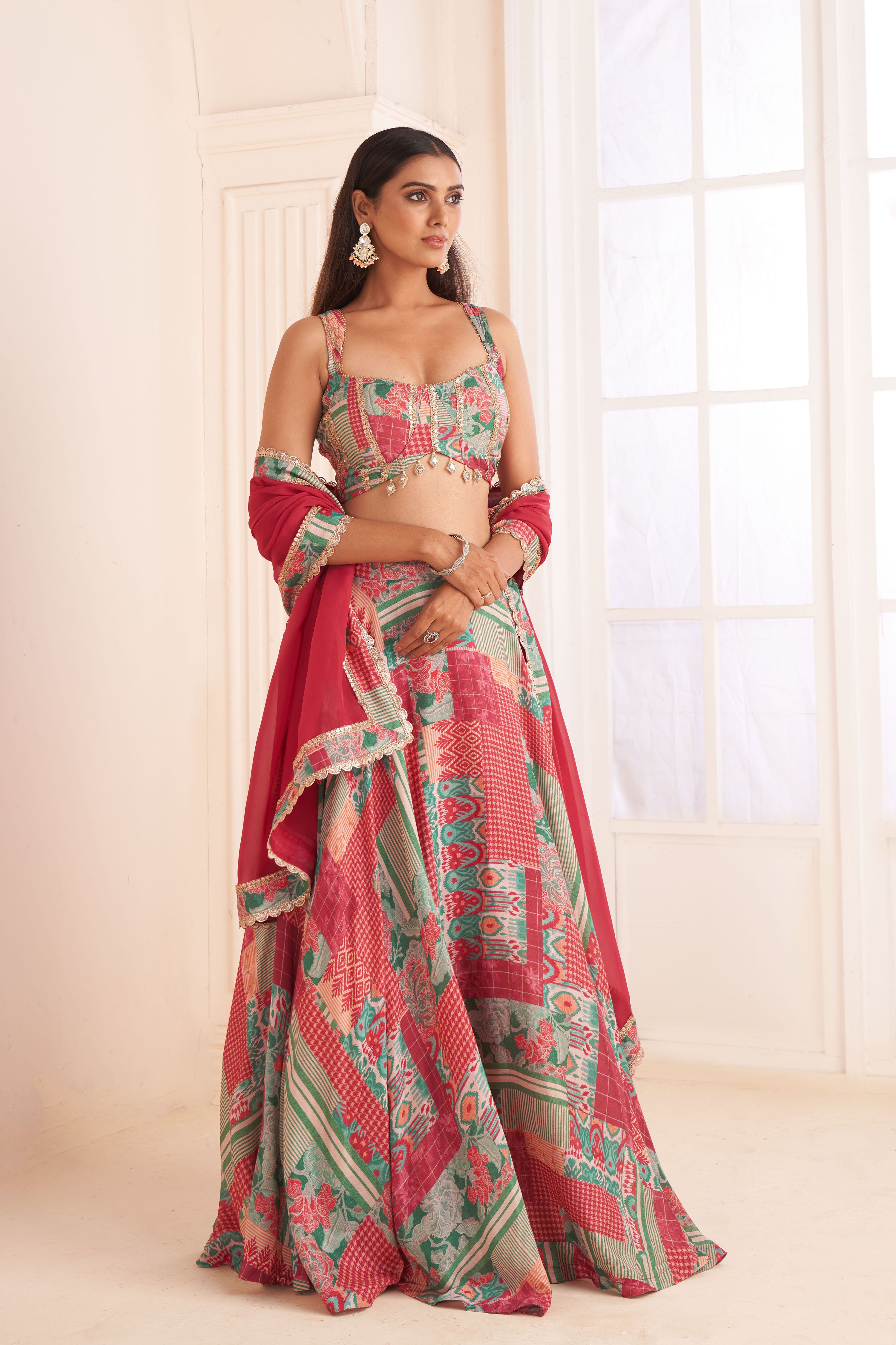 Green patch printed & embroidered lehenga set