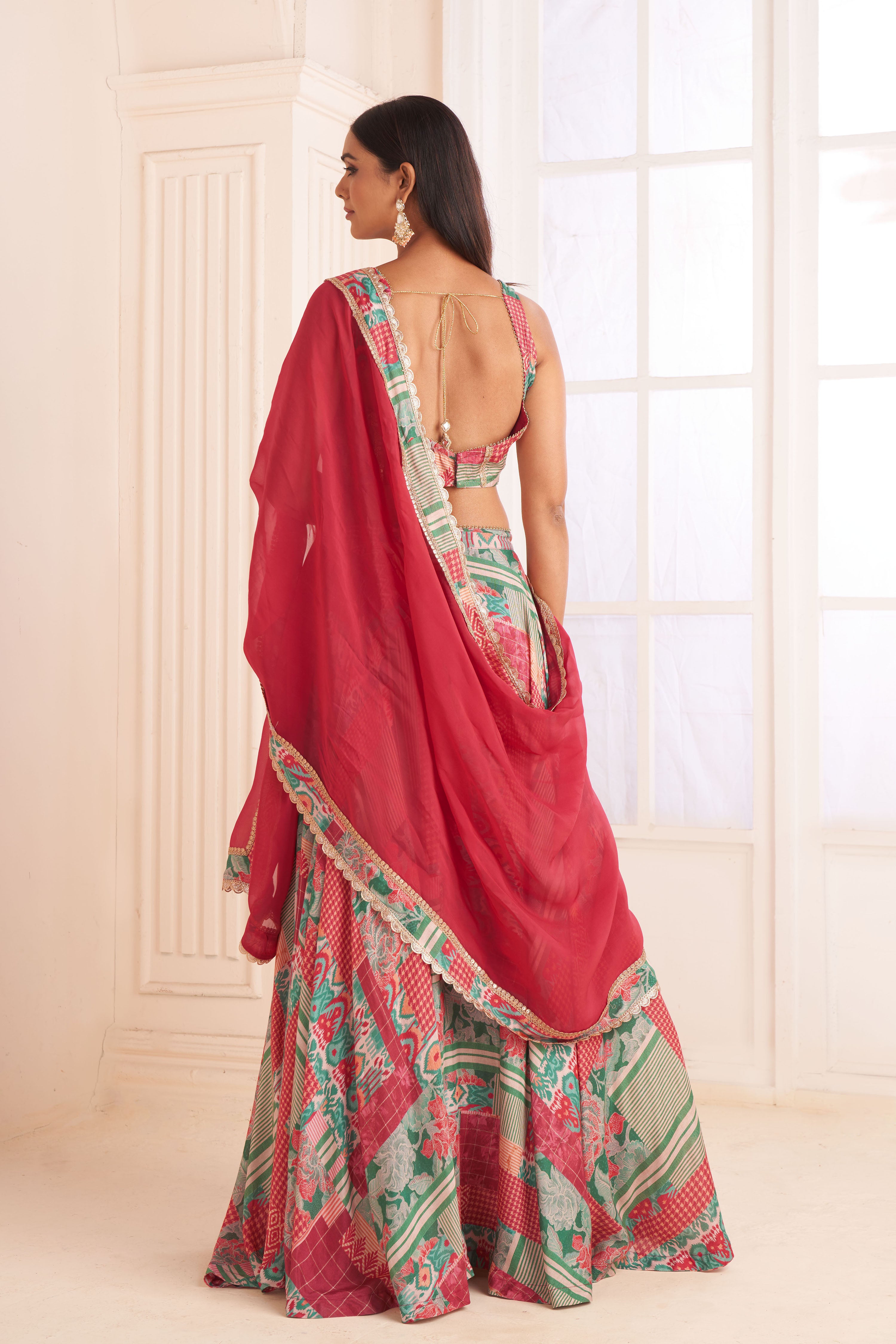 Green patch printed & embroidered lehenga set