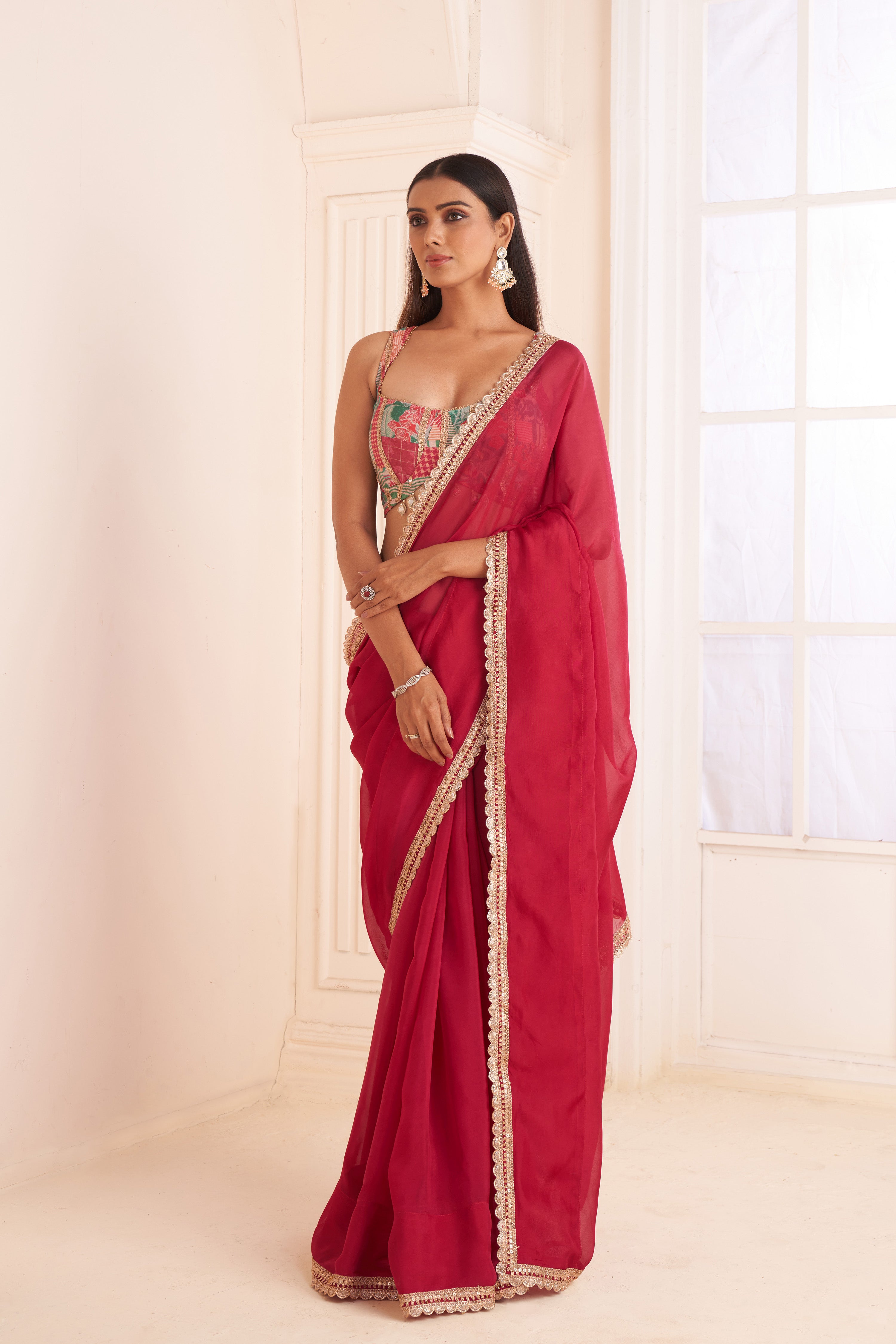 Rose red organza Saree with printed blouse