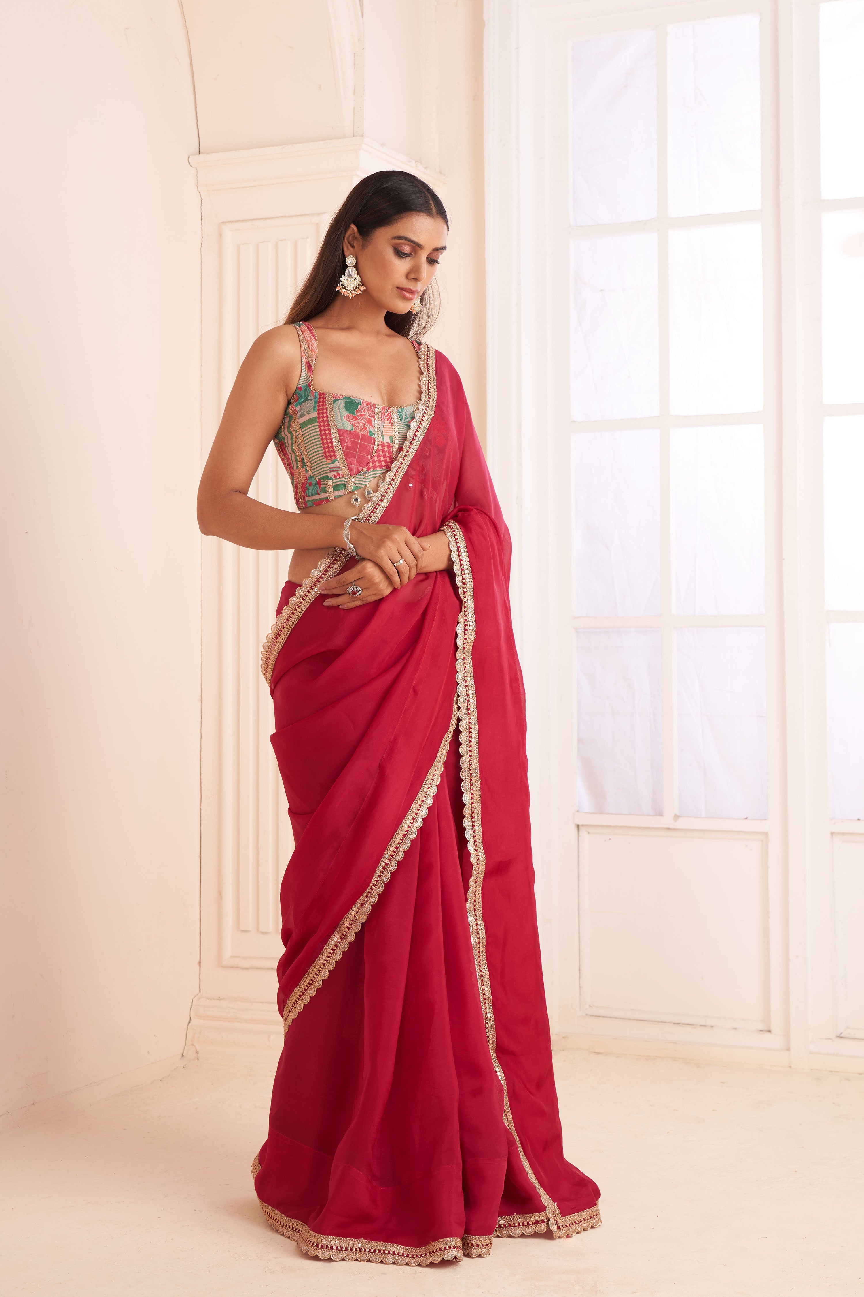 Rose red organza Saree with printed blouse