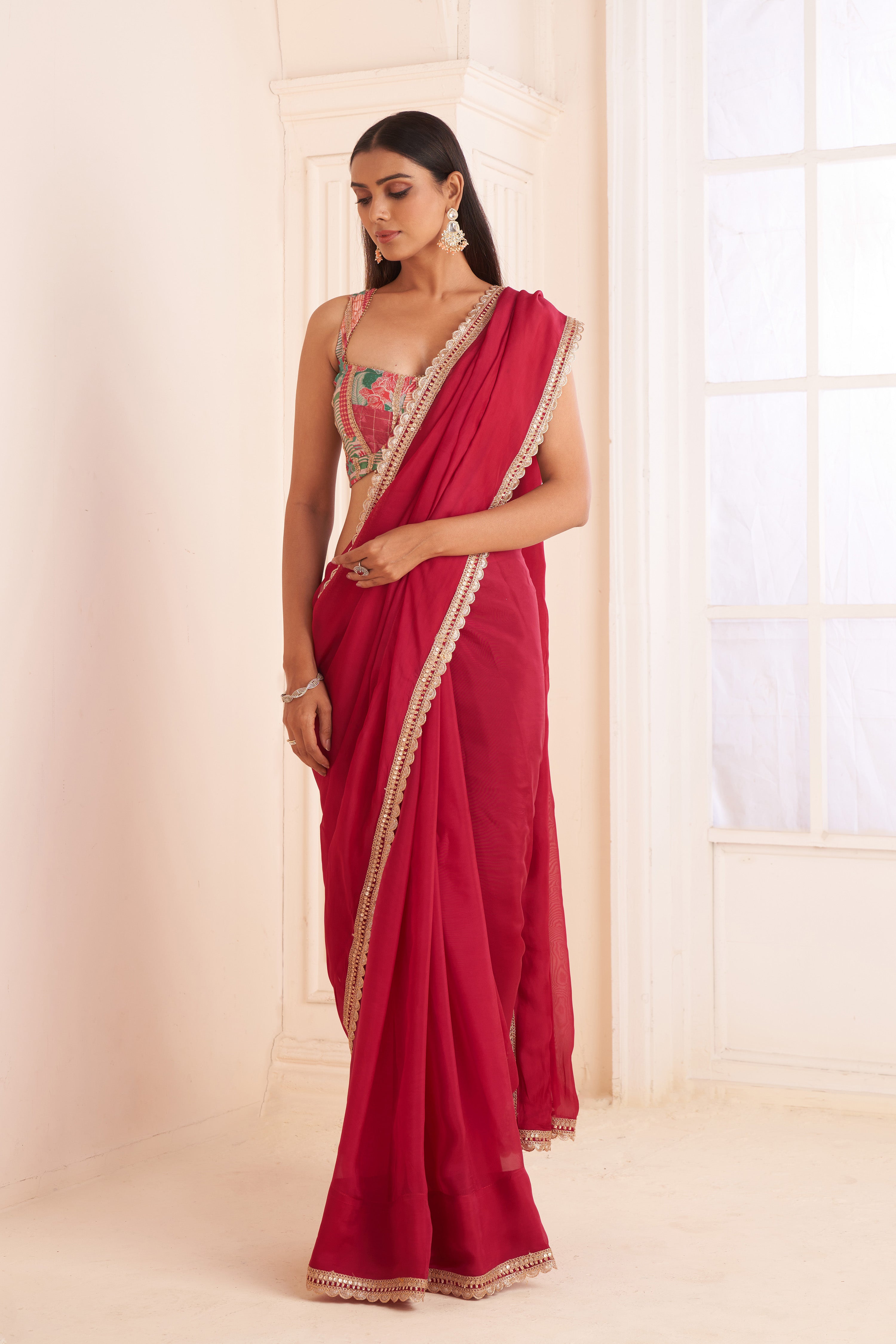 Rose red organza Saree with printed blouse