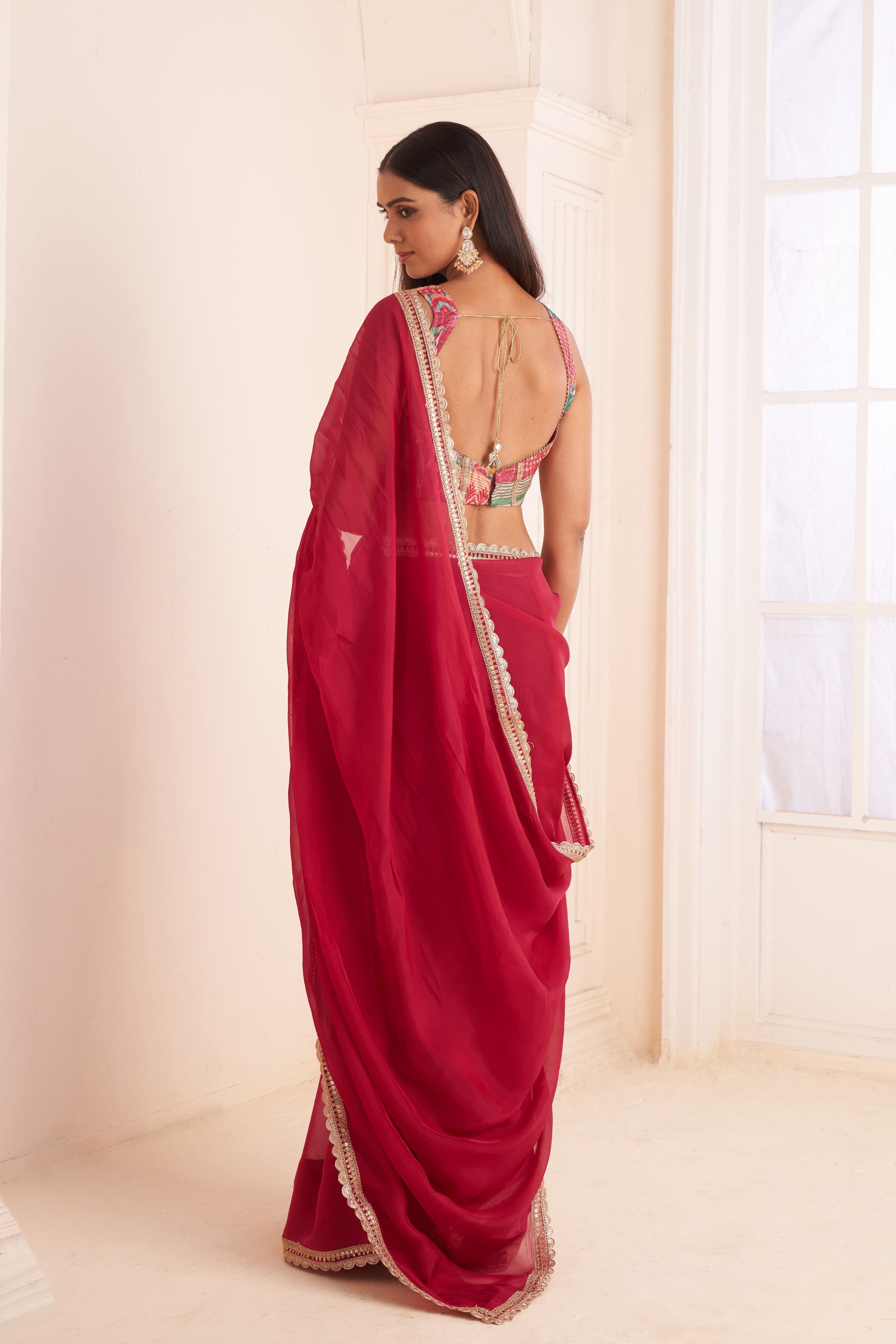 Rose red organza Saree with printed blouse