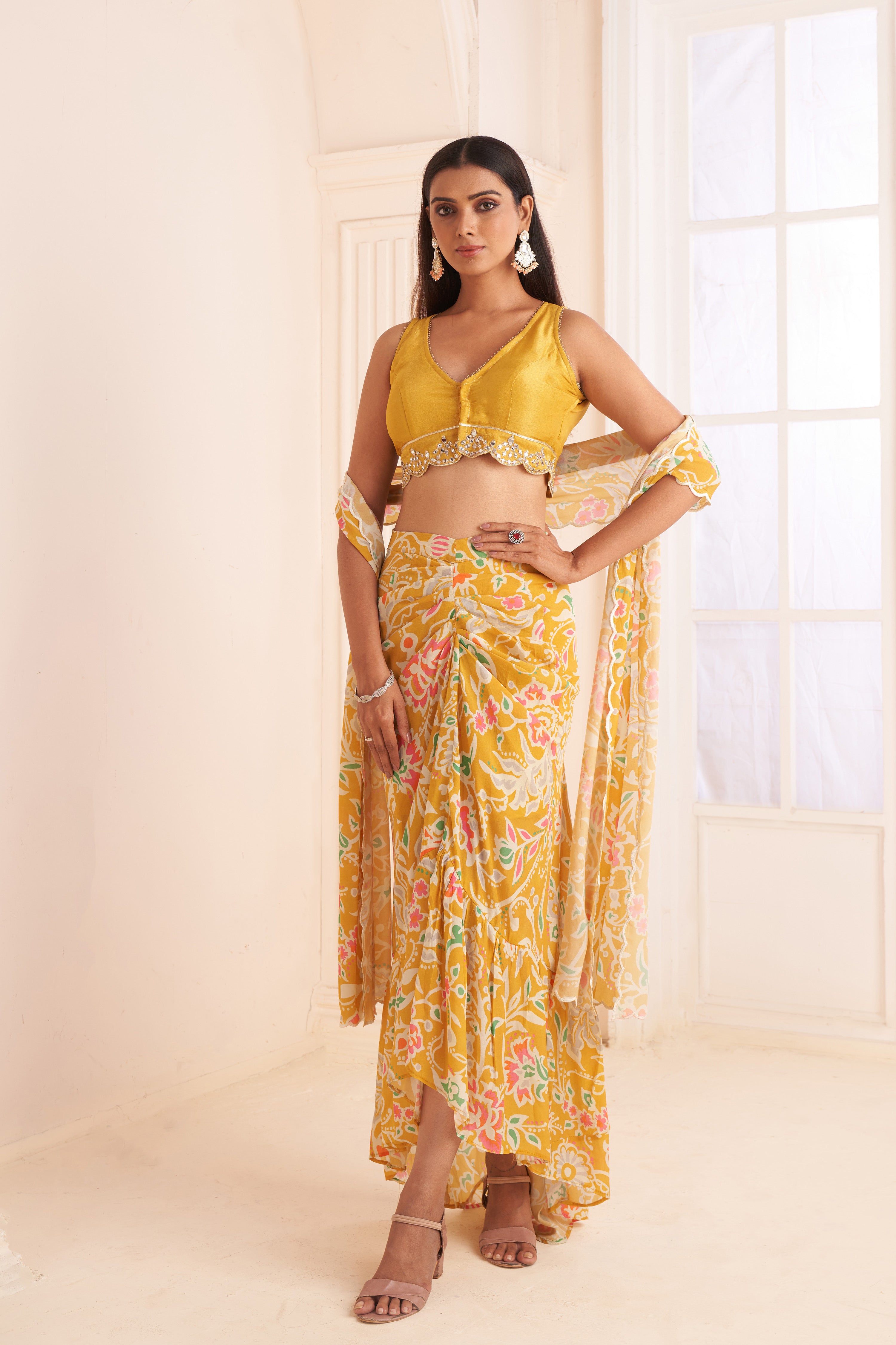 Mustard Yellow printed & embroidered skirt set