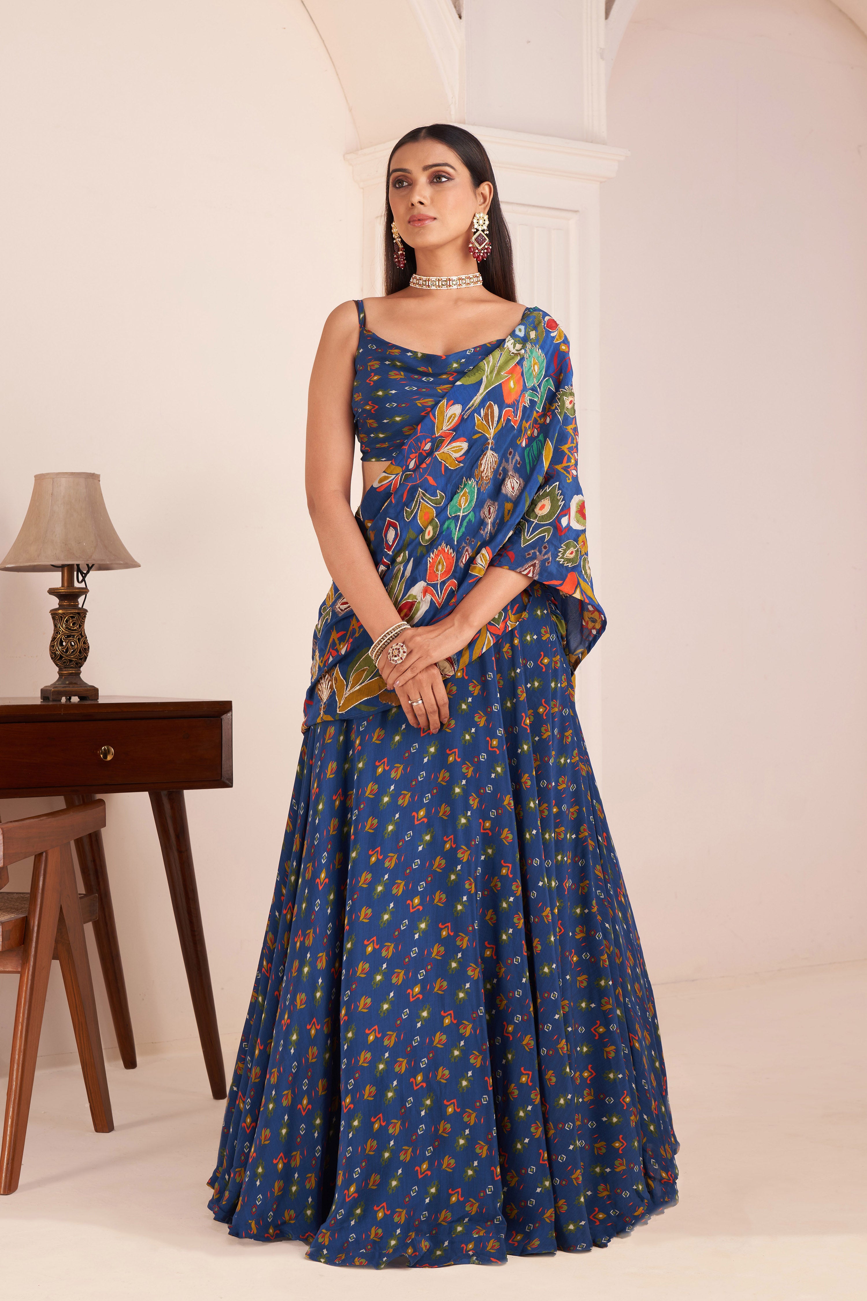Royal Blue Embroidered & Printed Lehenga Saree Set