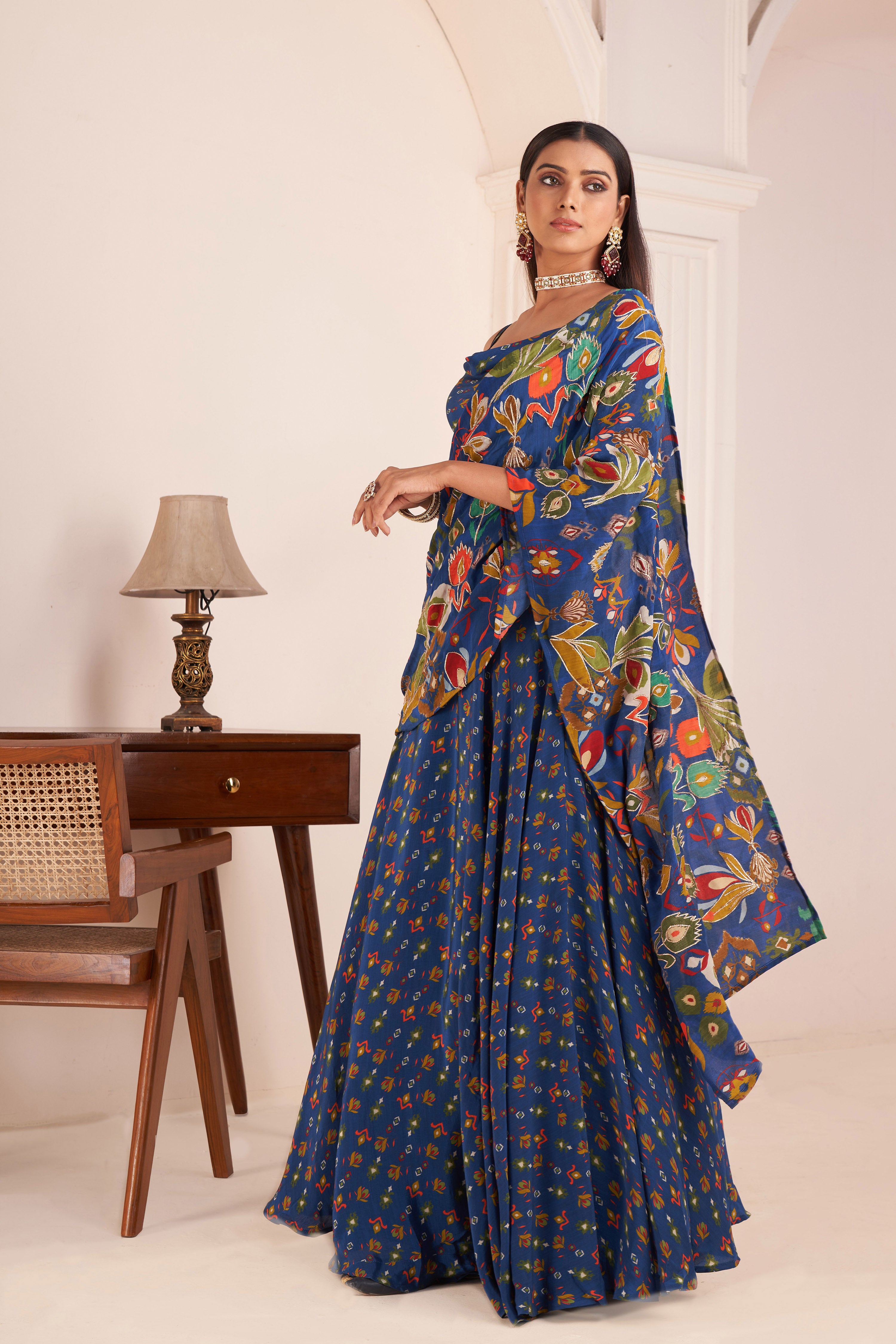 Royal Blue Embroidered & Printed Lehenga Saree Set