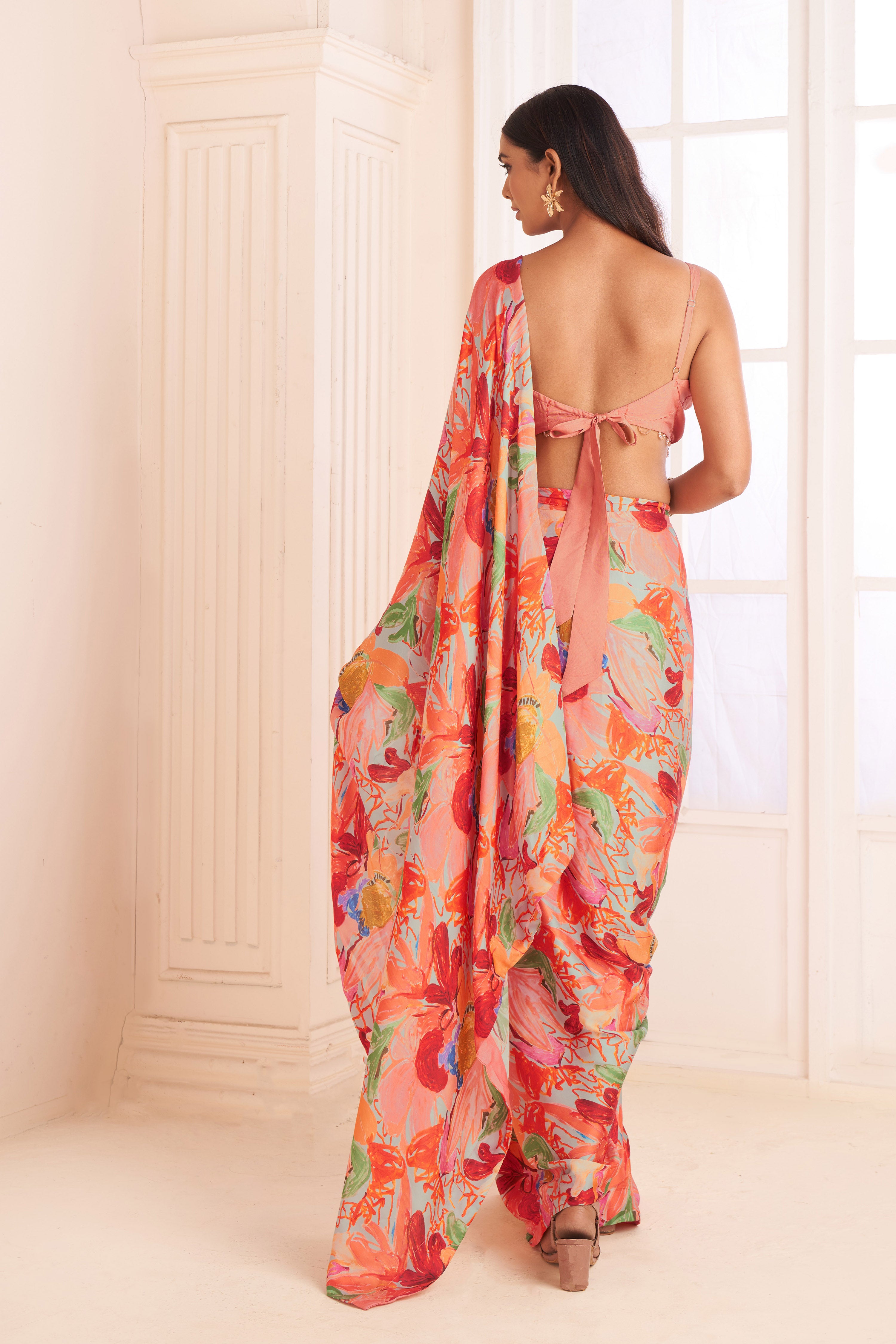 Blush pink abstract print pre-draped saree set