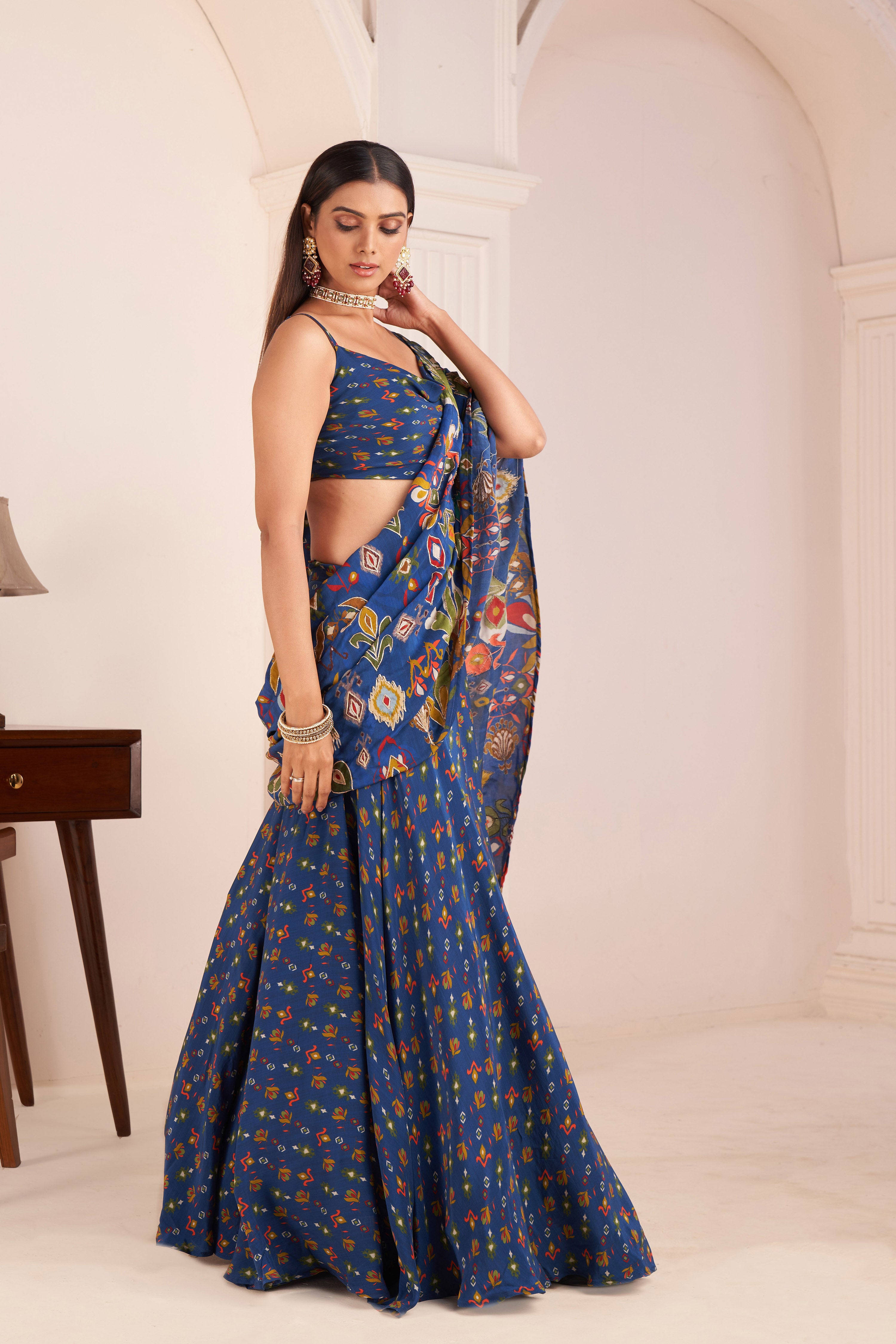Royal Blue Embroidered & Printed Lehenga Saree Set