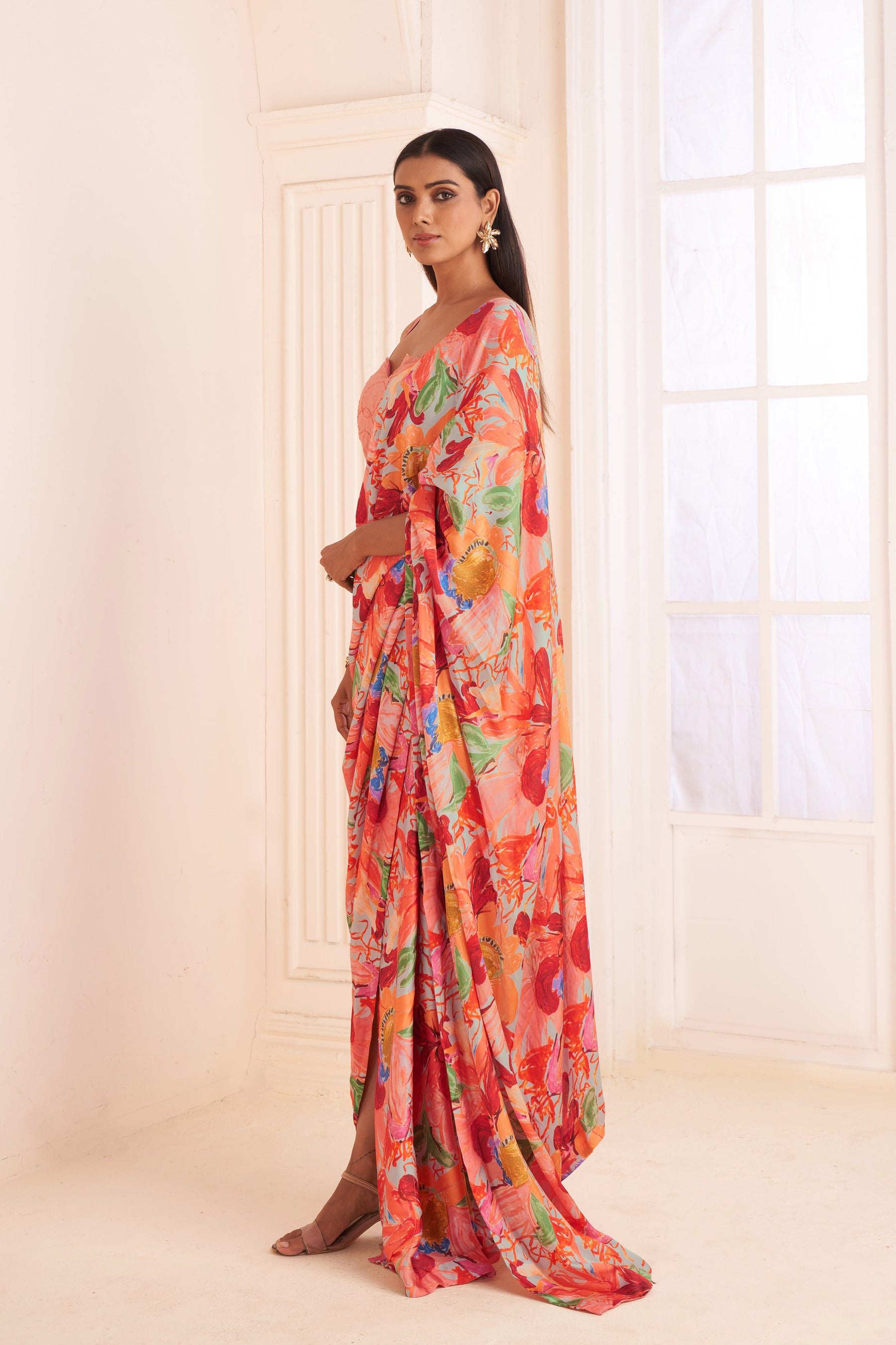 Blush pink abstract print pre-draped saree set