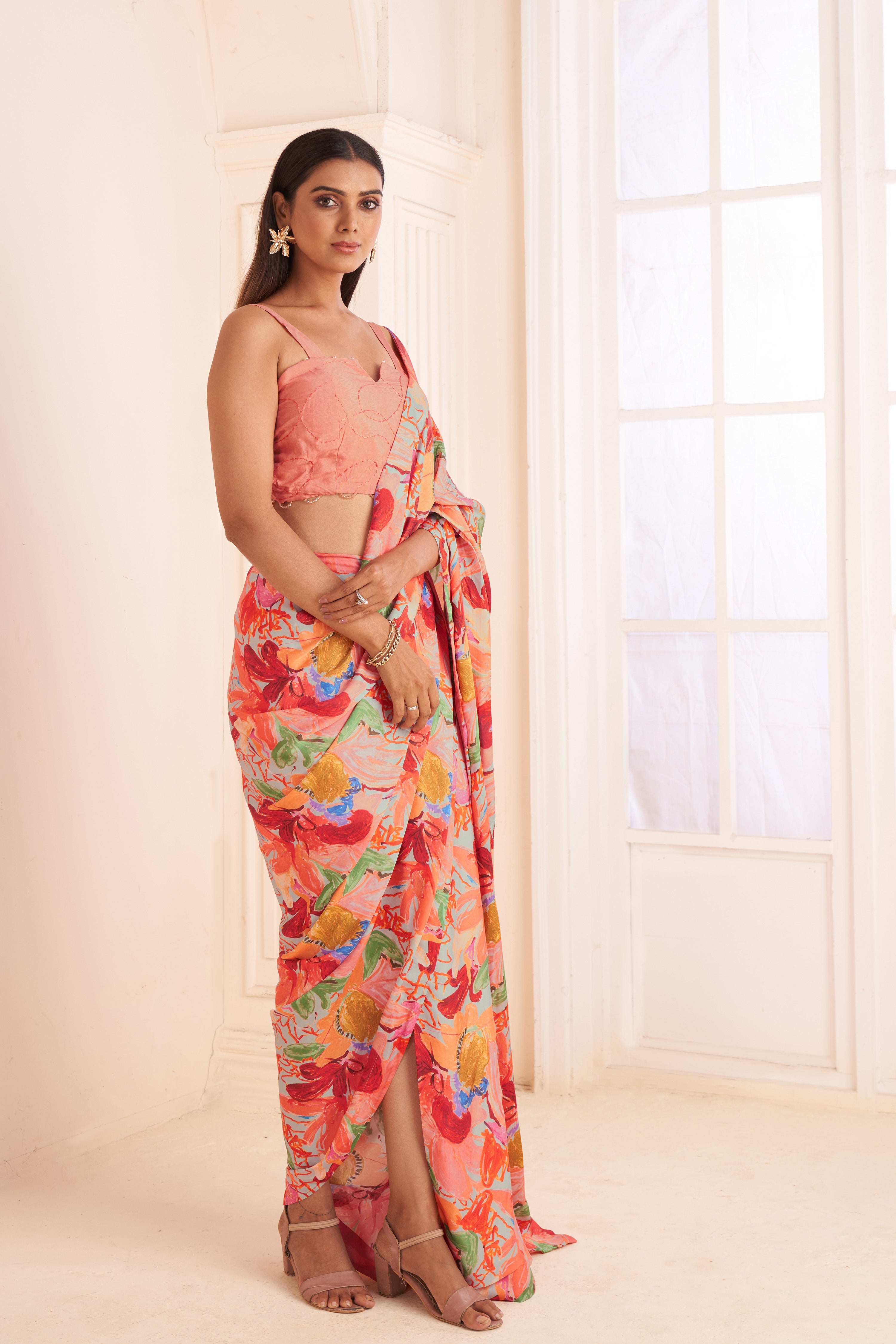 Blush pink abstract print pre-draped saree set