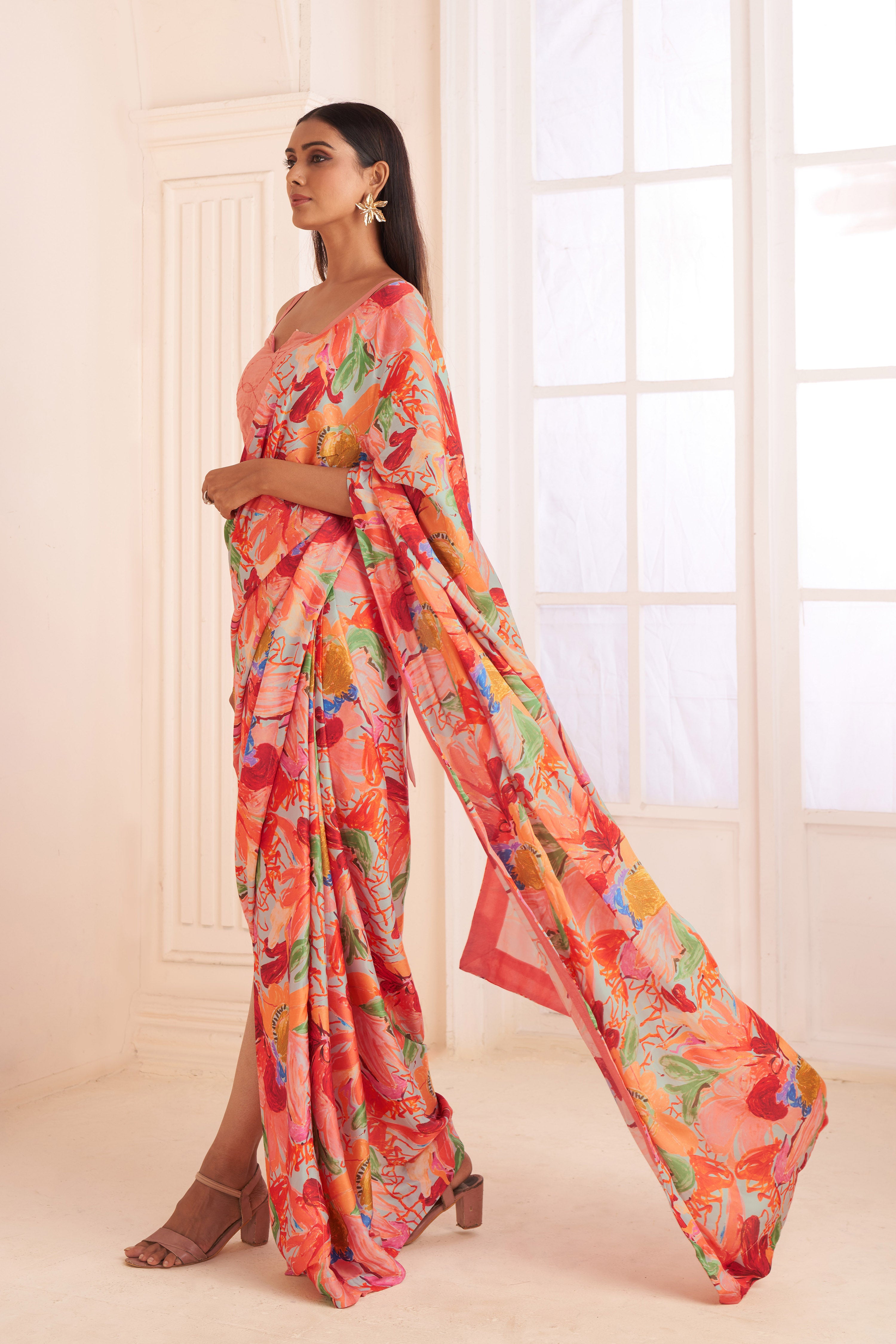 Blush pink abstract print pre-draped saree set