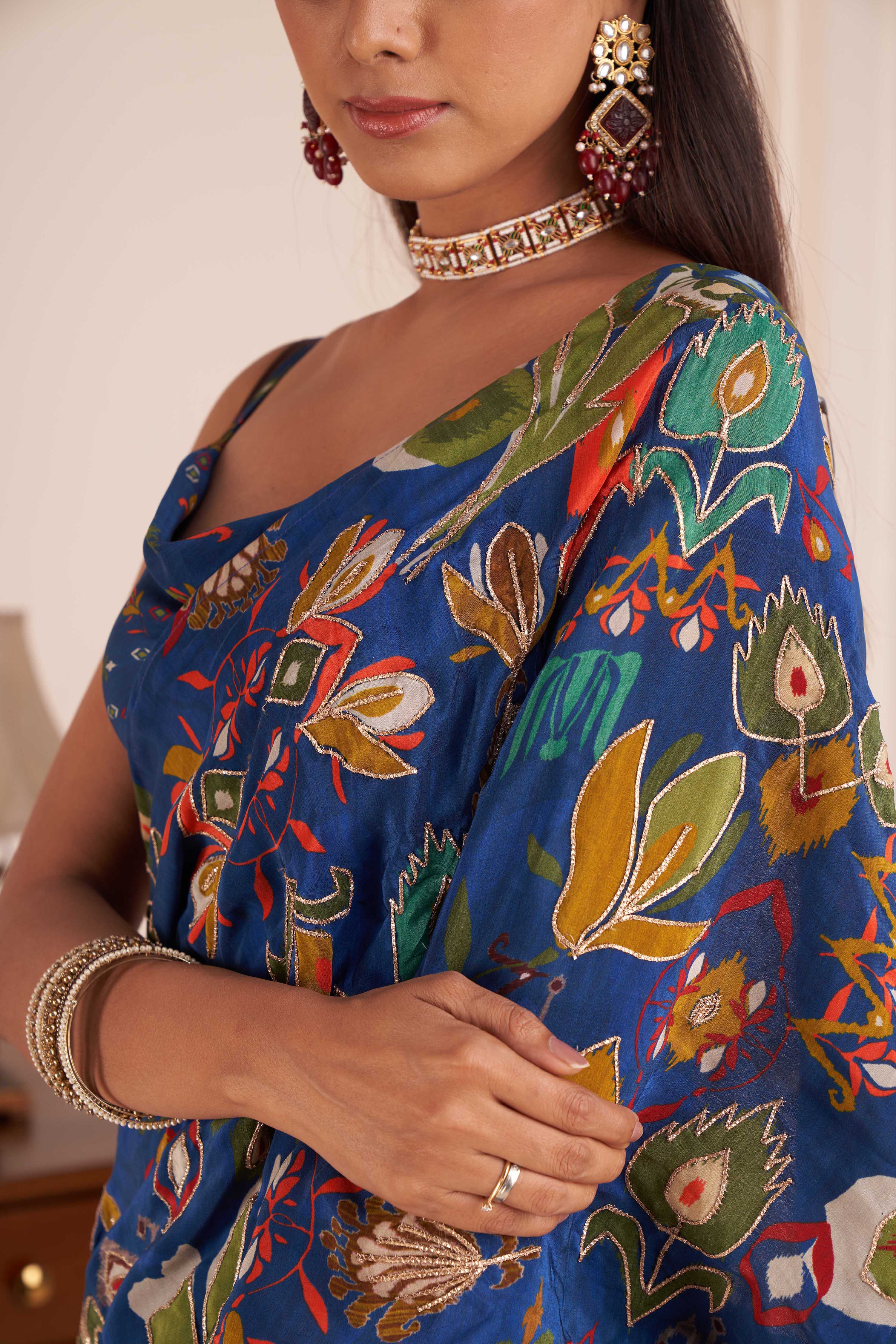 Royal Blue Embroidered & Printed Lehenga Saree Set