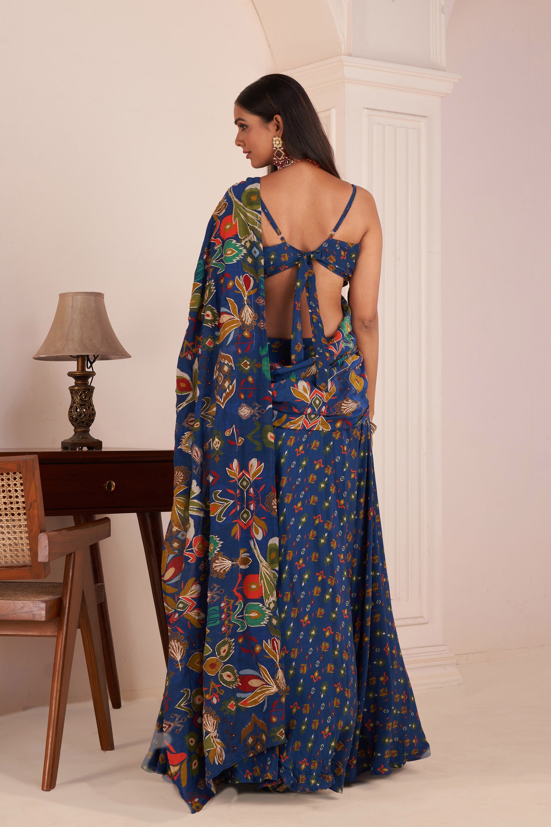 Royal Blue Embroidered & Printed Lehenga Saree Set