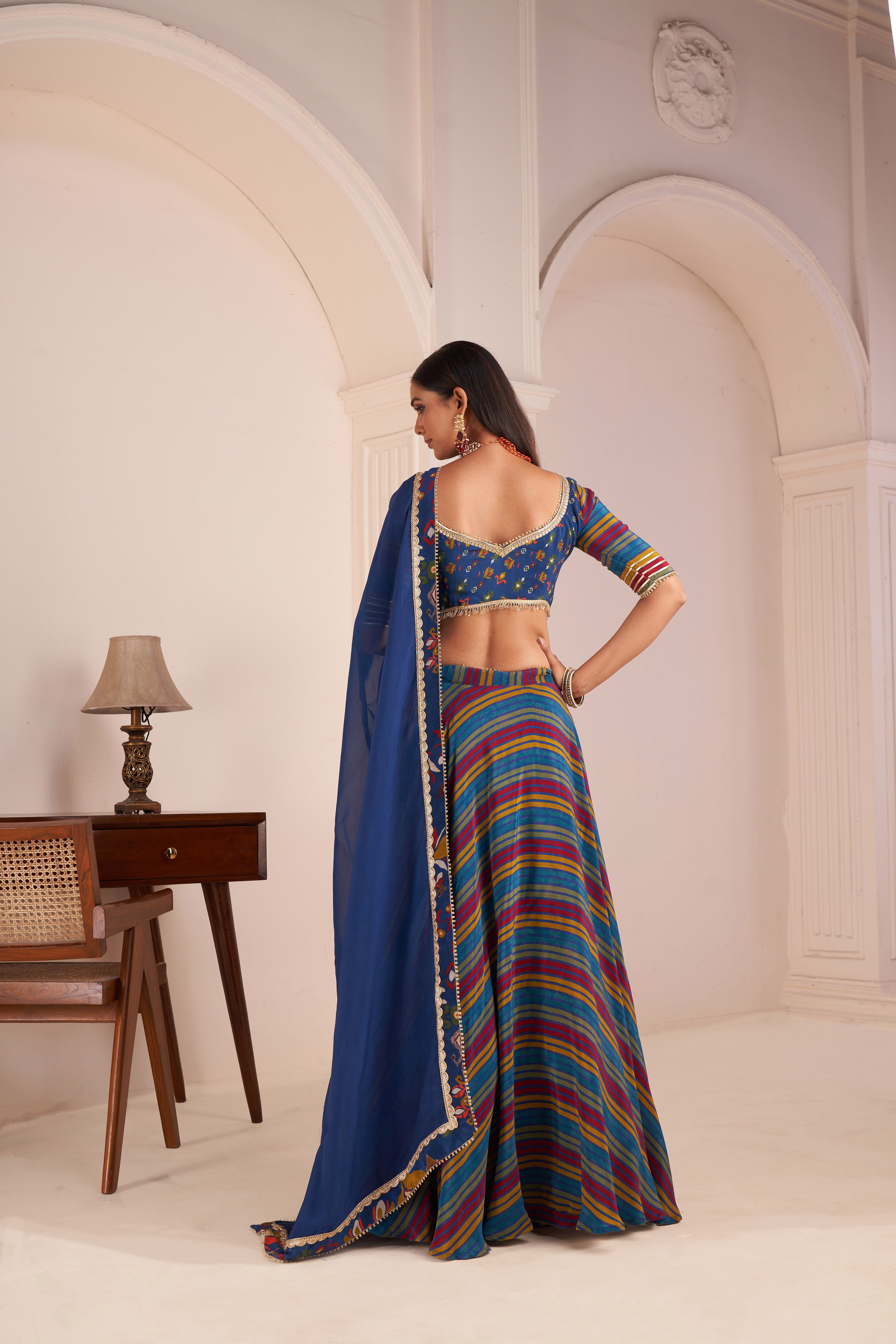 Blue Striped Lehenga Set With Embellished Blouse
