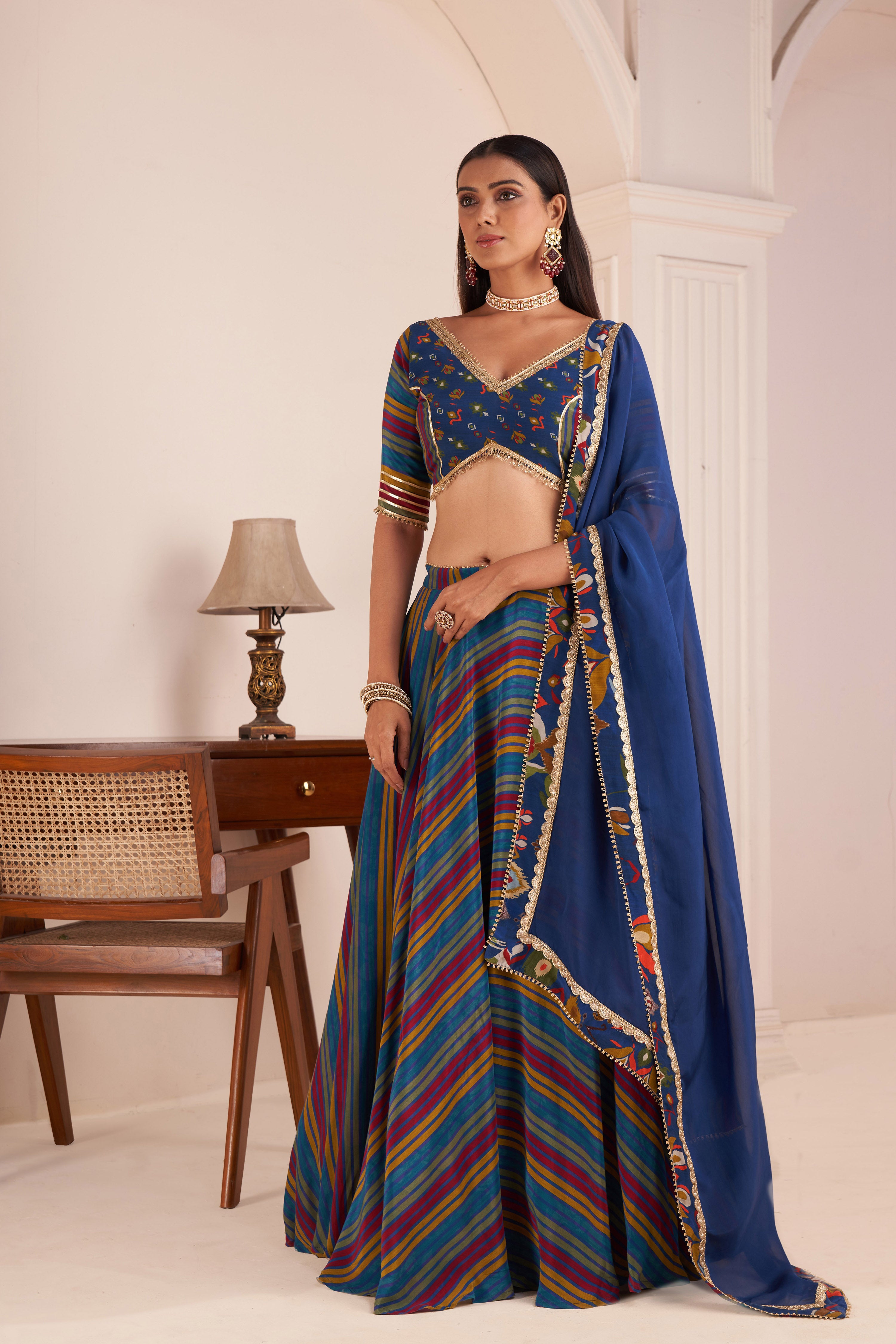 Blue Striped Lehenga Set With Embellished Blouse