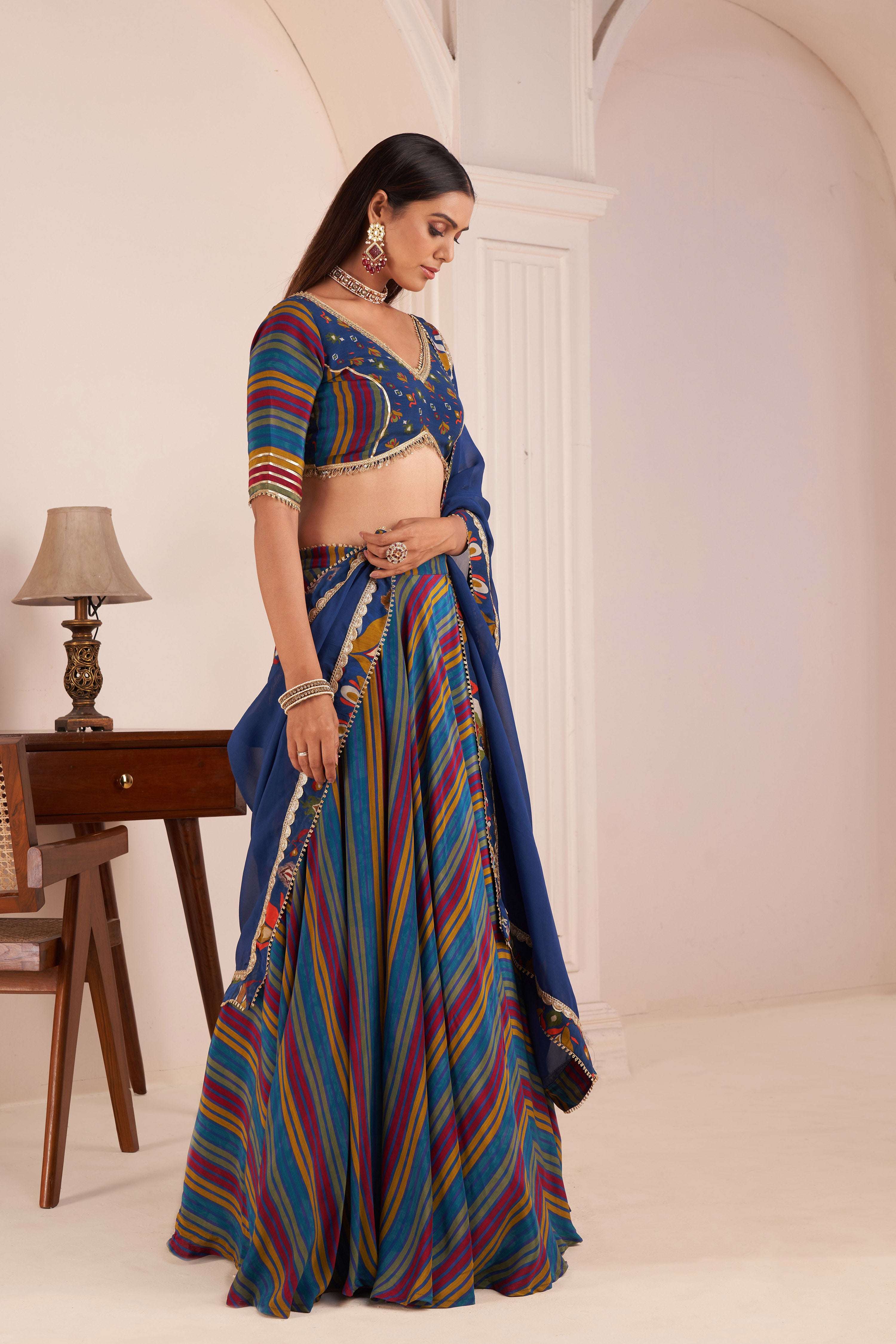 Blue Striped Lehenga Set With Embellished Blouse