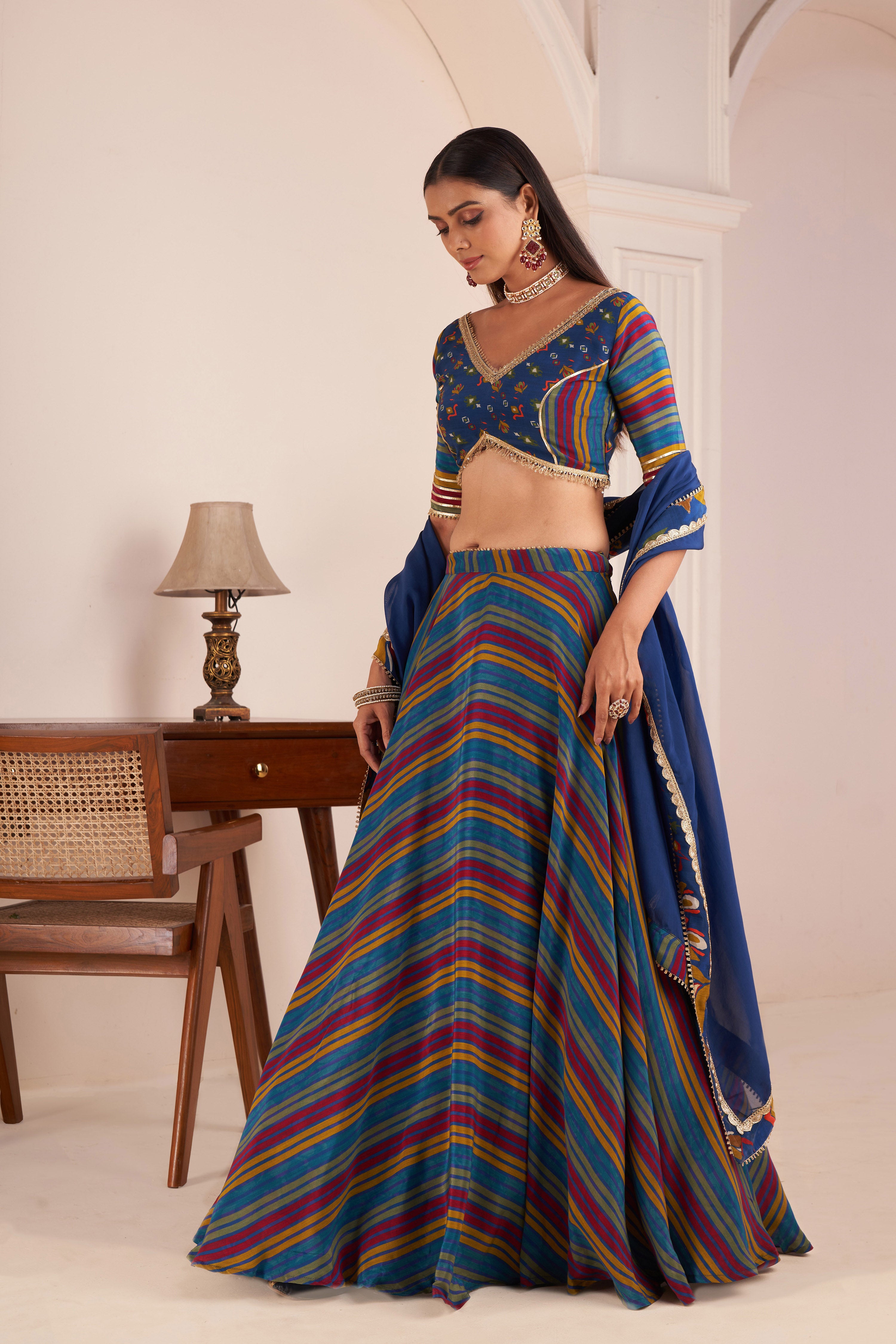 Blue Striped Lehenga Set With Embellished Blouse