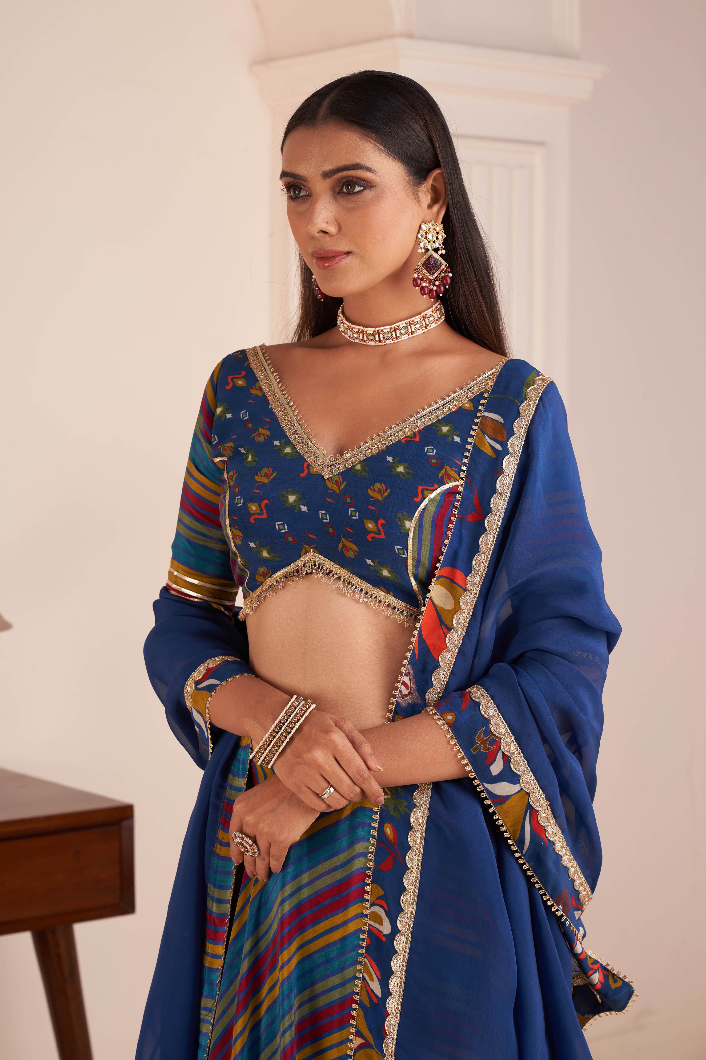 Blue Striped Lehenga Set With Embellished Blouse