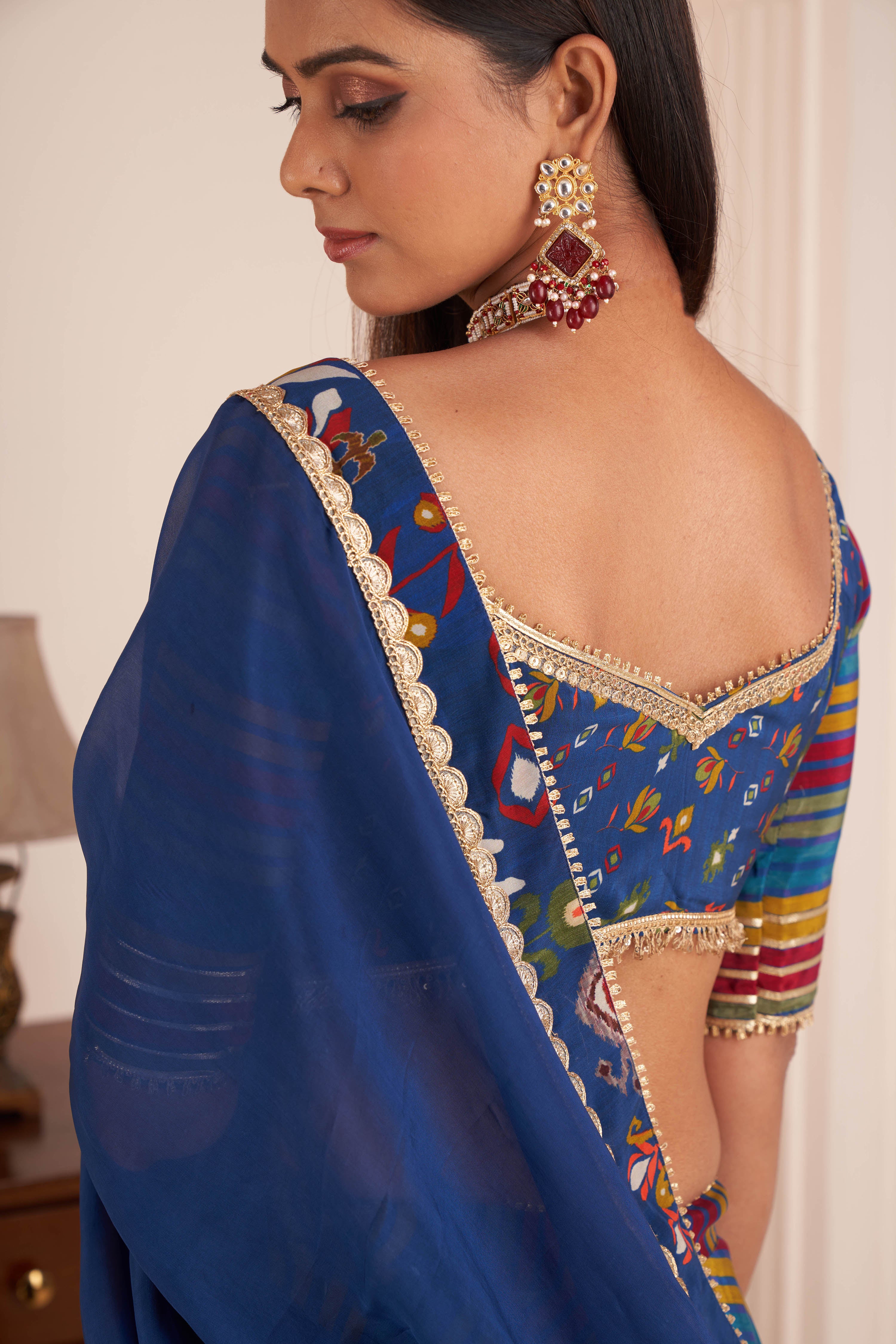 Blue Striped Lehenga Set With Embellished Blouse