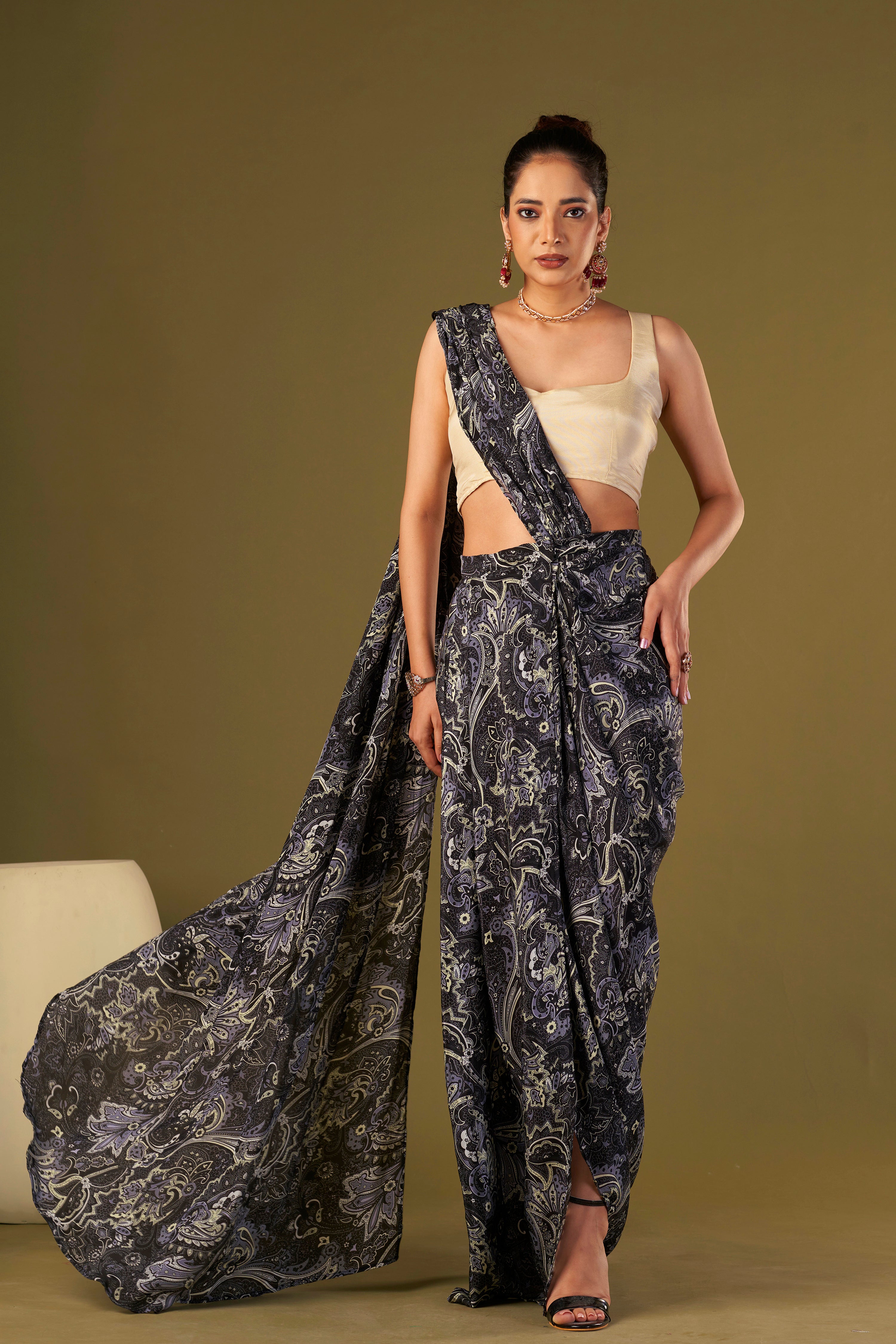 Tisya Black Paisley printed Pre Draped Saree