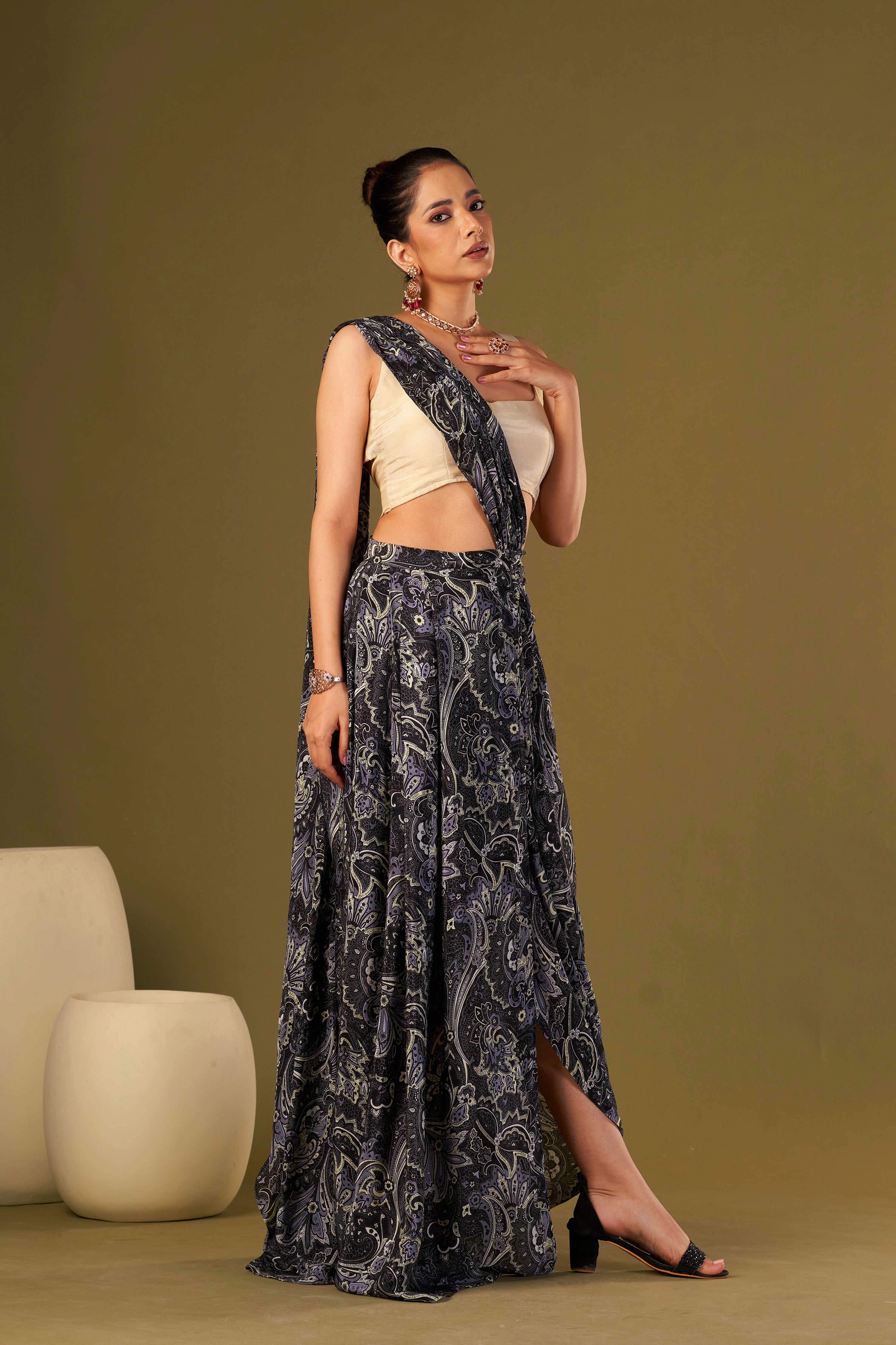 Tisya Black Paisley printed Pre Draped Saree