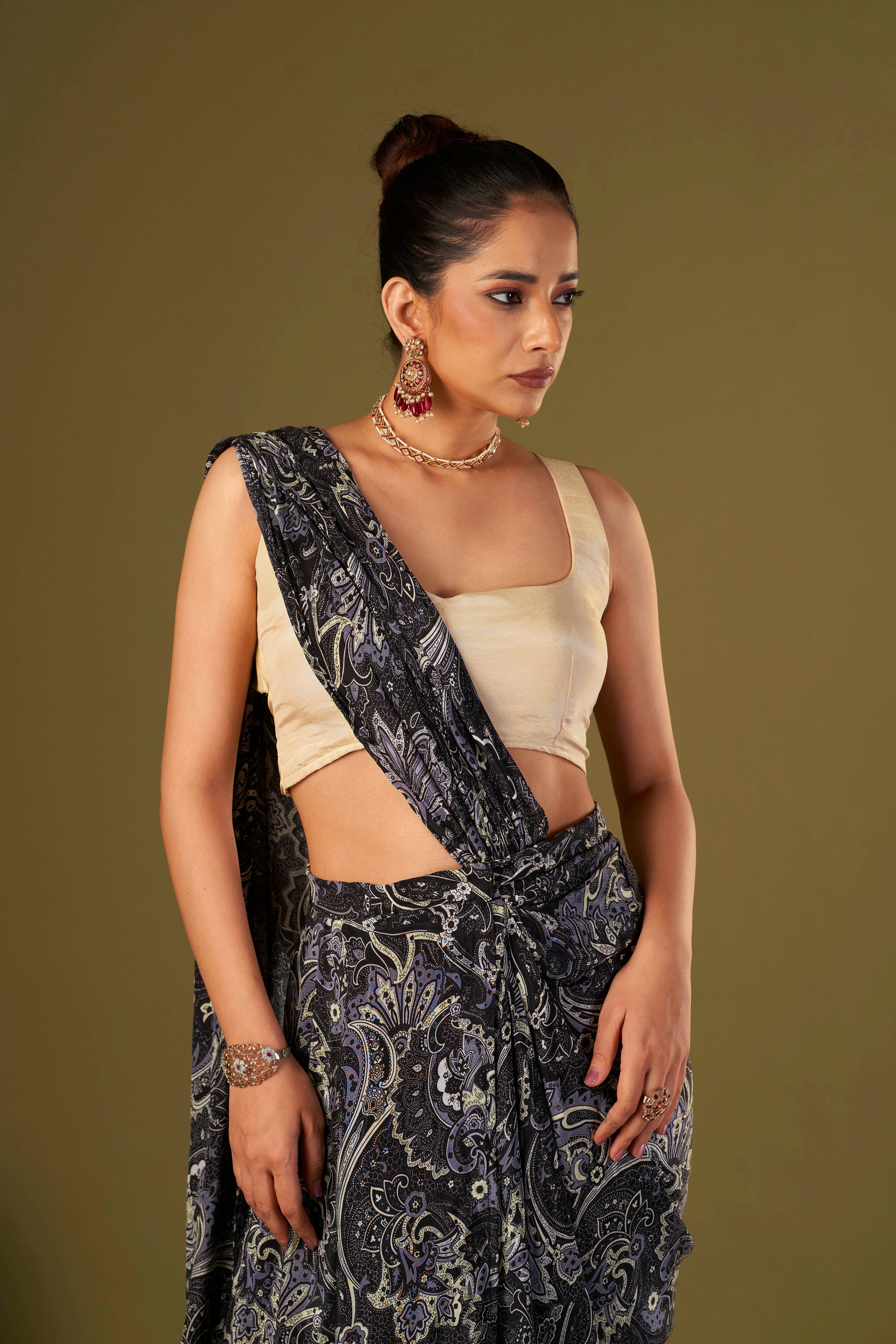 Tisya Black Paisley printed Pre Draped Saree