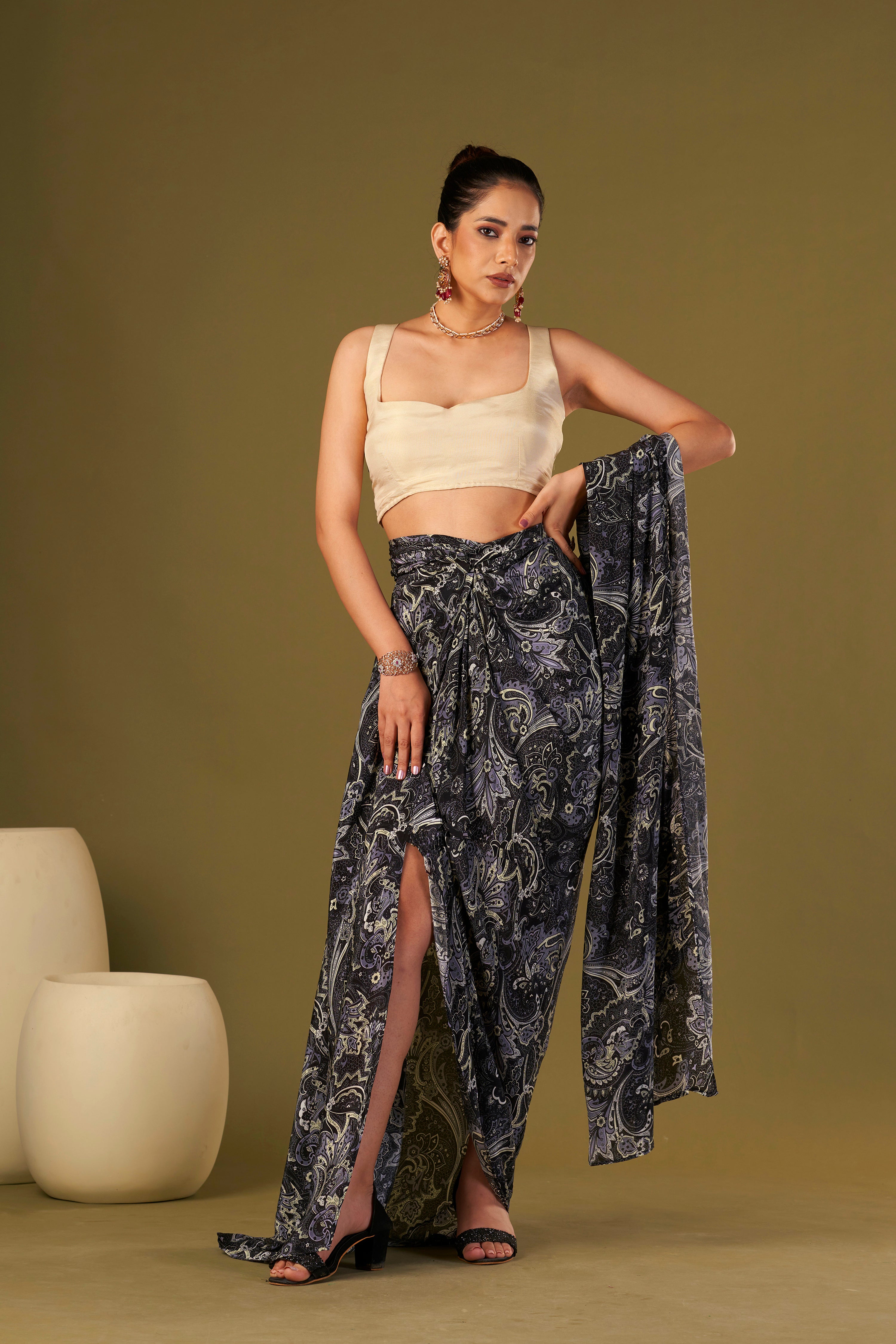 Tisya Black Paisley printed Pre Draped Saree