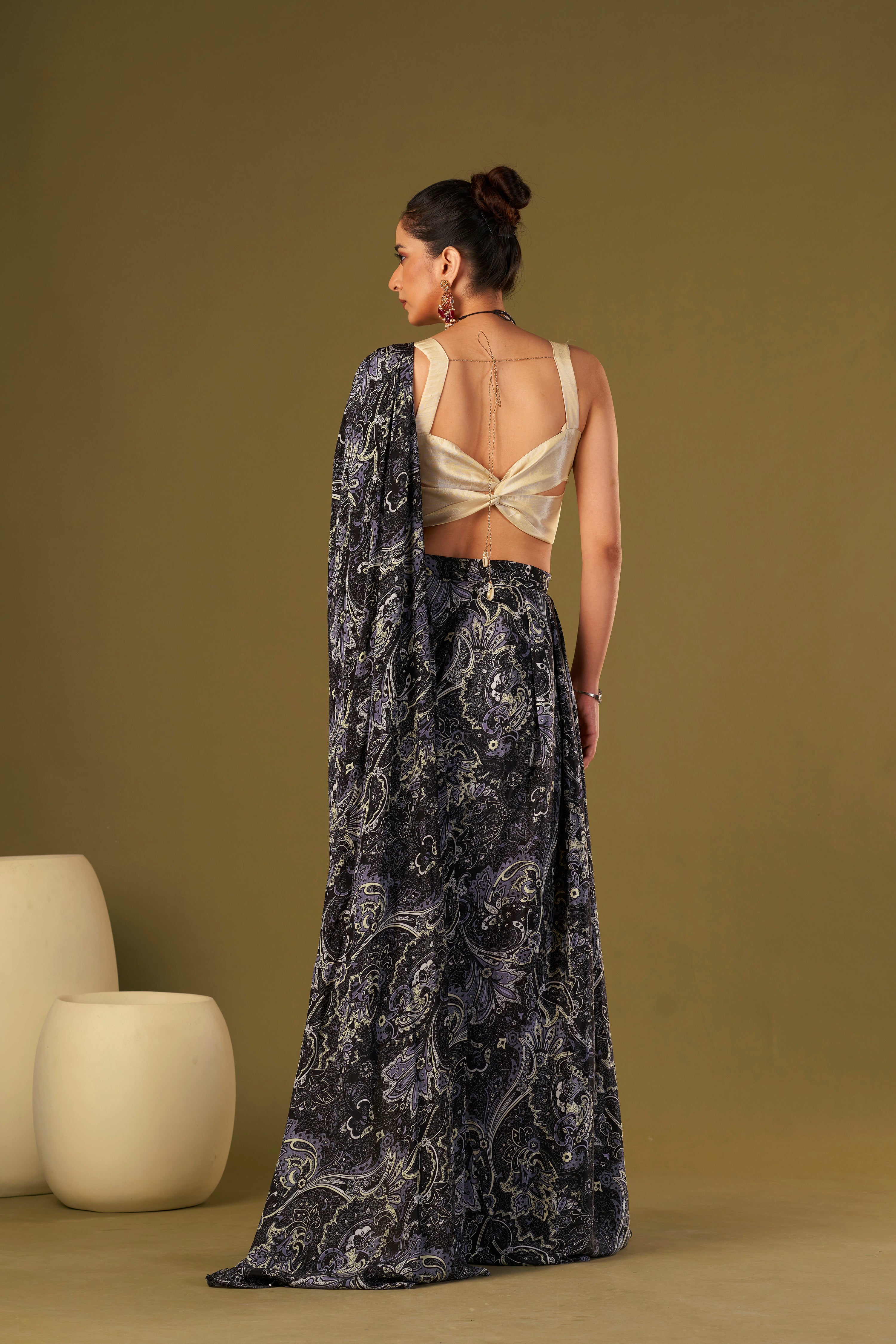 Tisya Black Paisley printed Pre Draped Saree
