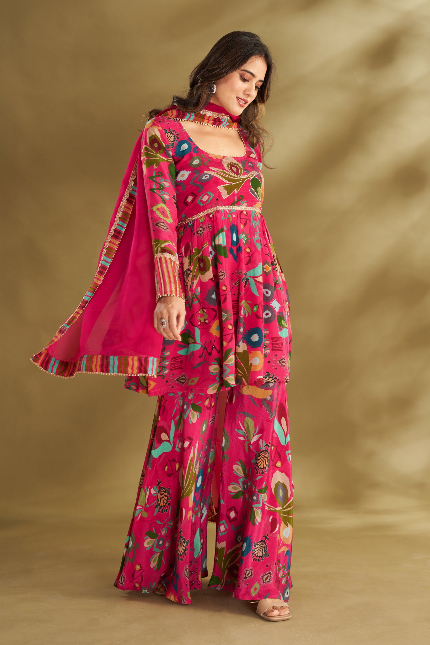 Hot Pink Printed & Embroidered Sharara Set