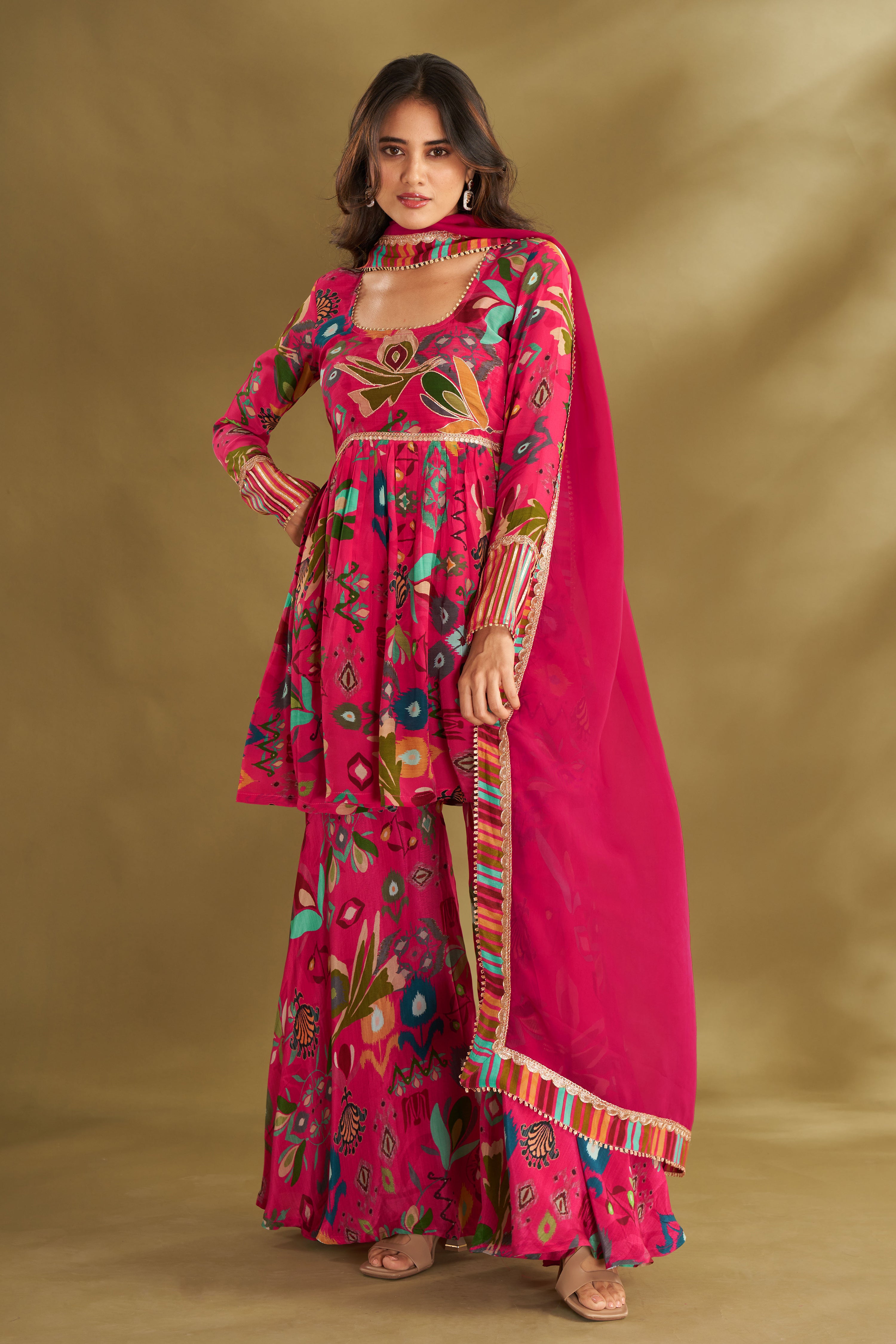 Hot Pink Printed & Embroidered Sharara Set
