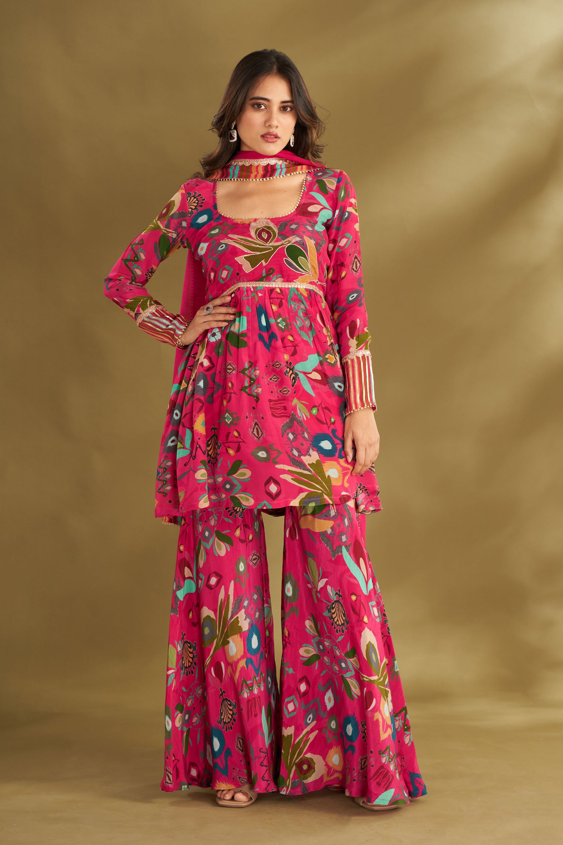 Hot Pink Printed & Embroidered Sharara Set