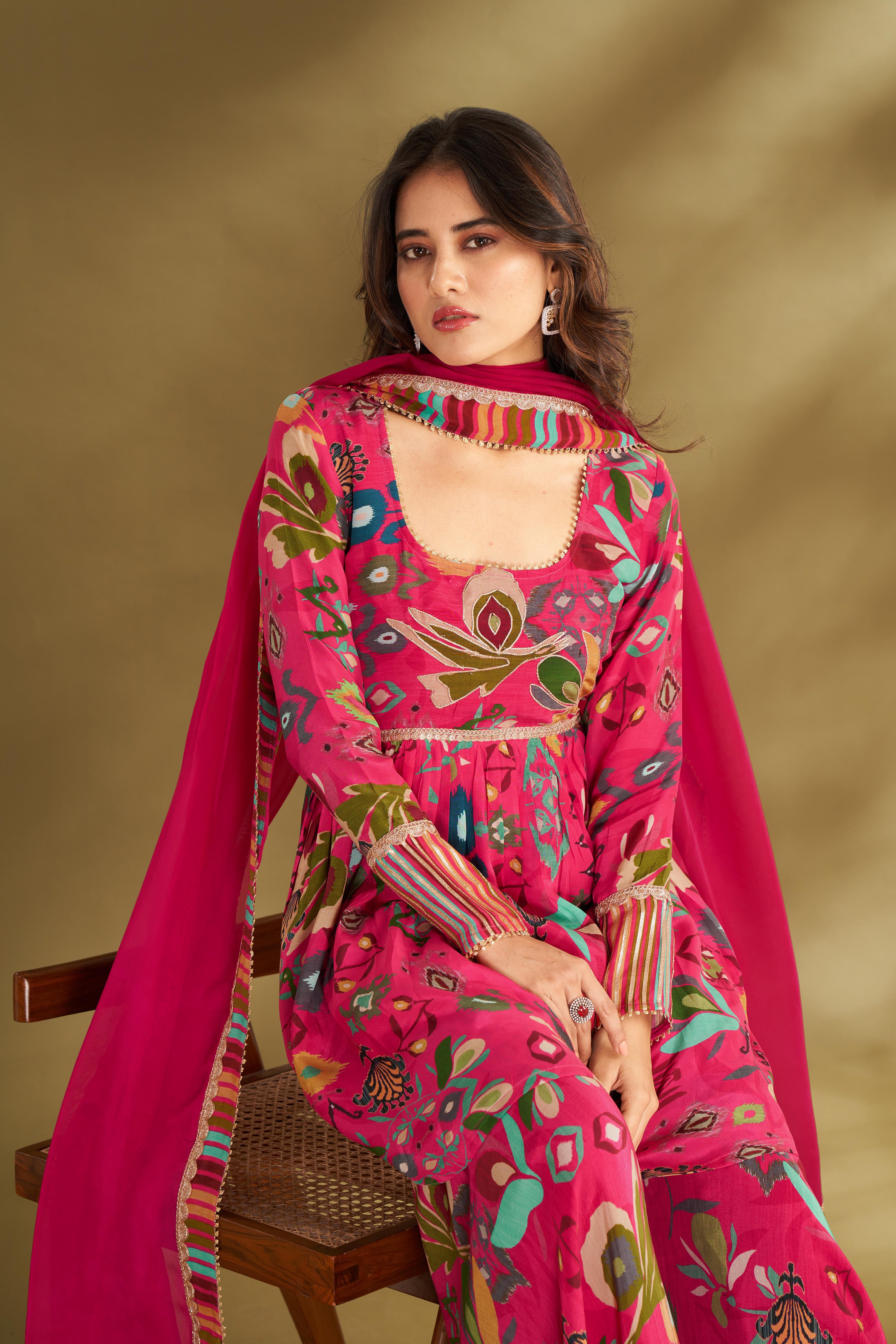 Hot Pink Printed & Embroidered Sharara Set