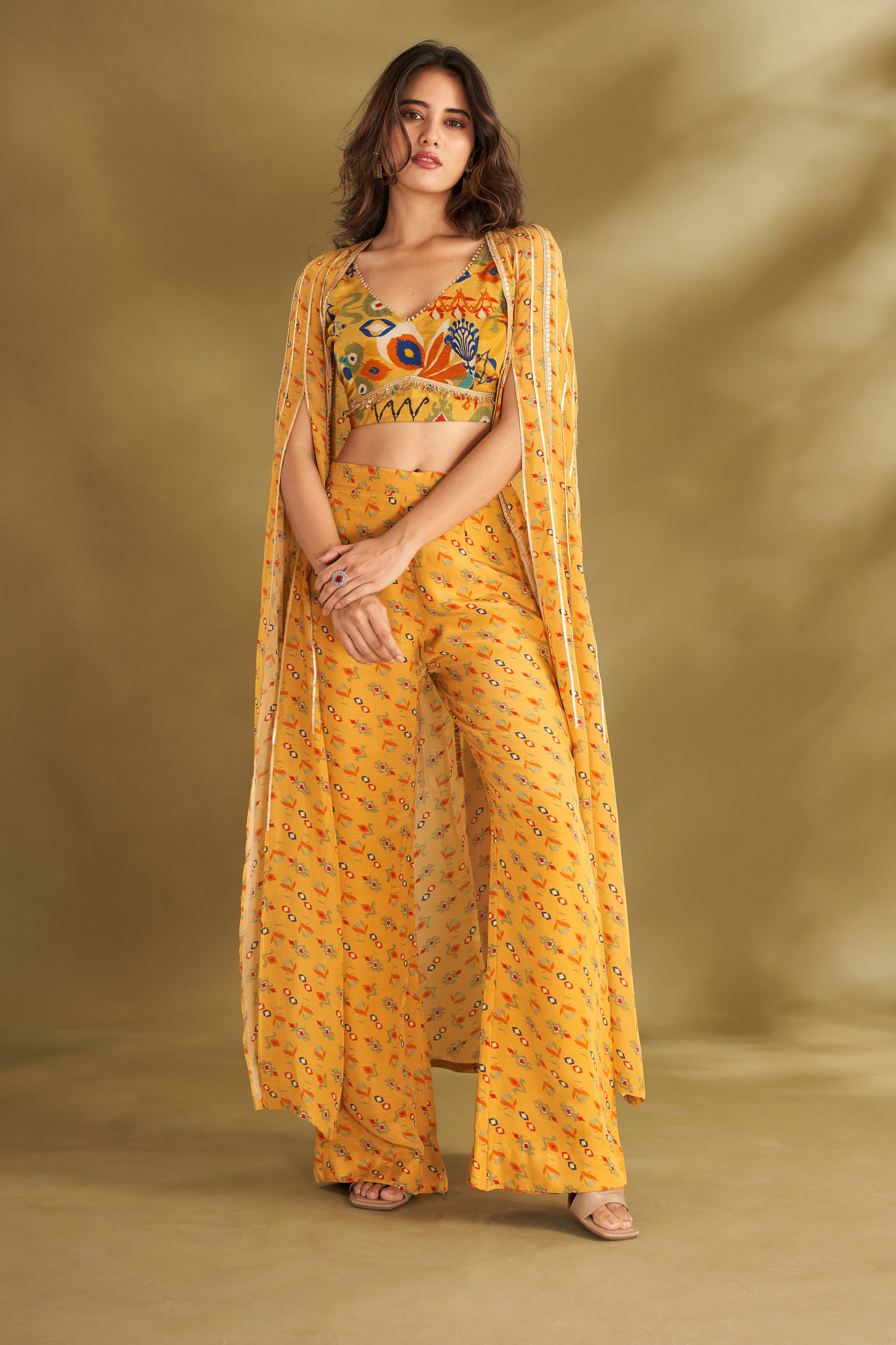 Dandelion Yellow Printed & Embroidered Cape Set