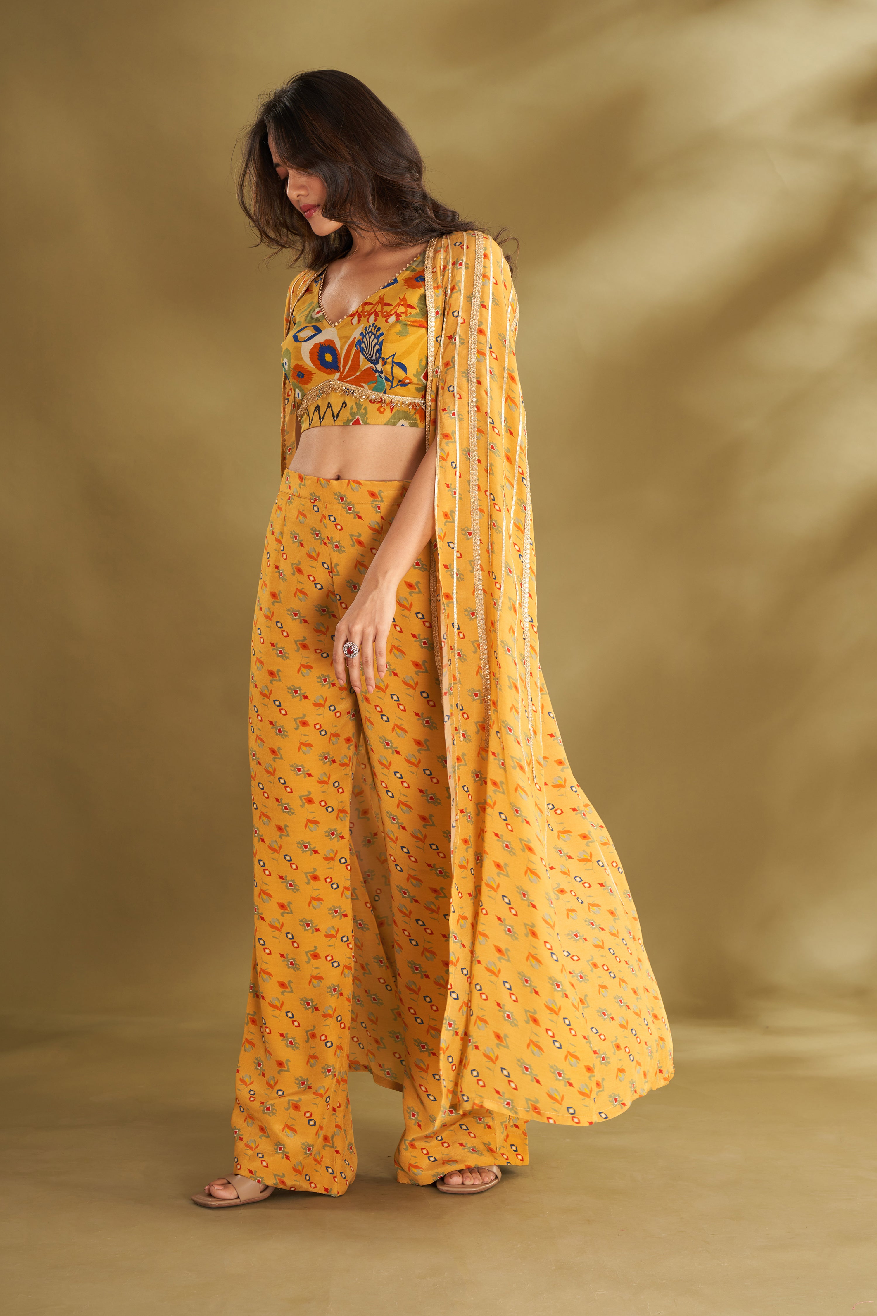 Dandelion Yellow Printed & Embroidered Cape Set