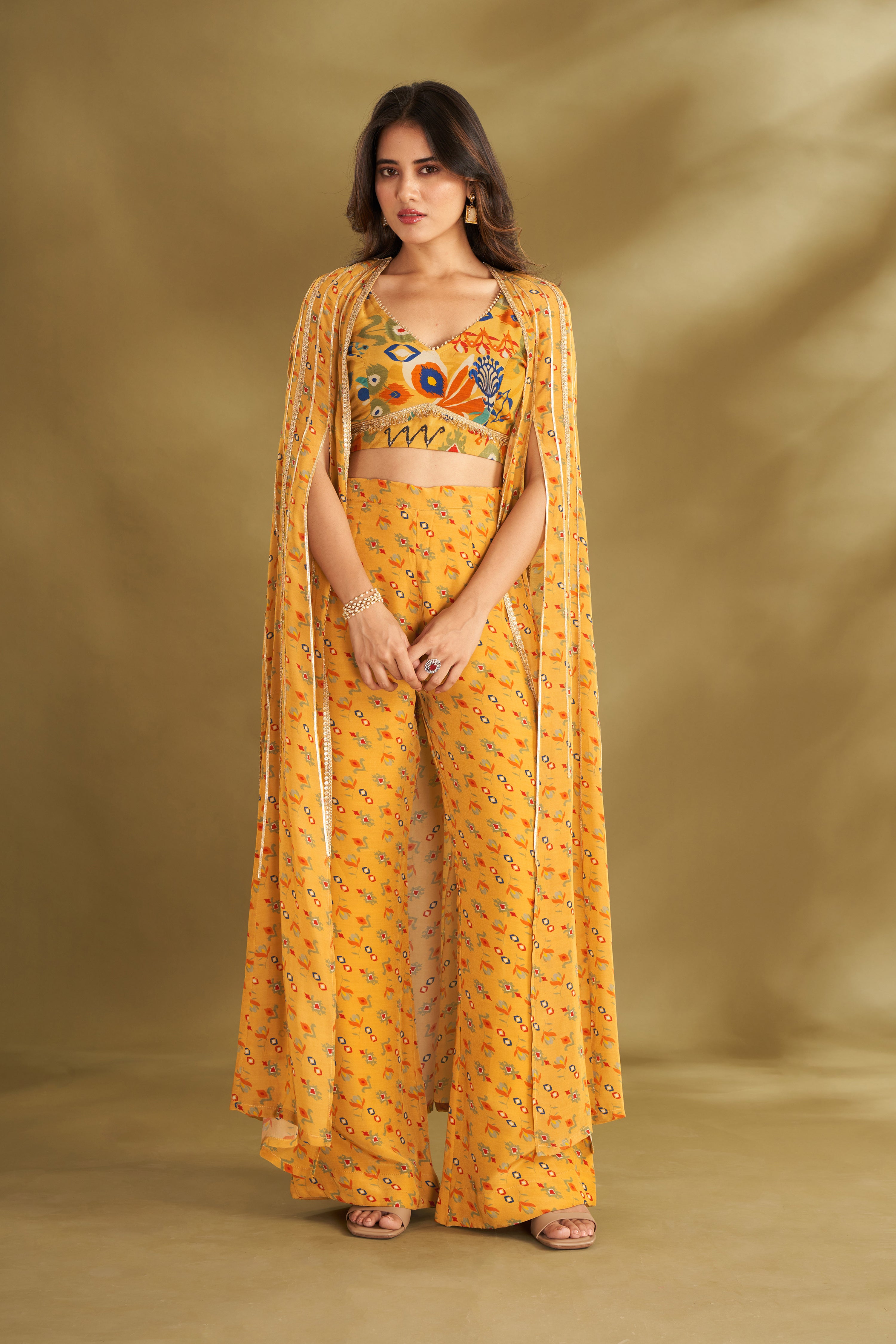 Dandelion Yellow Printed & Embroidered Cape Set