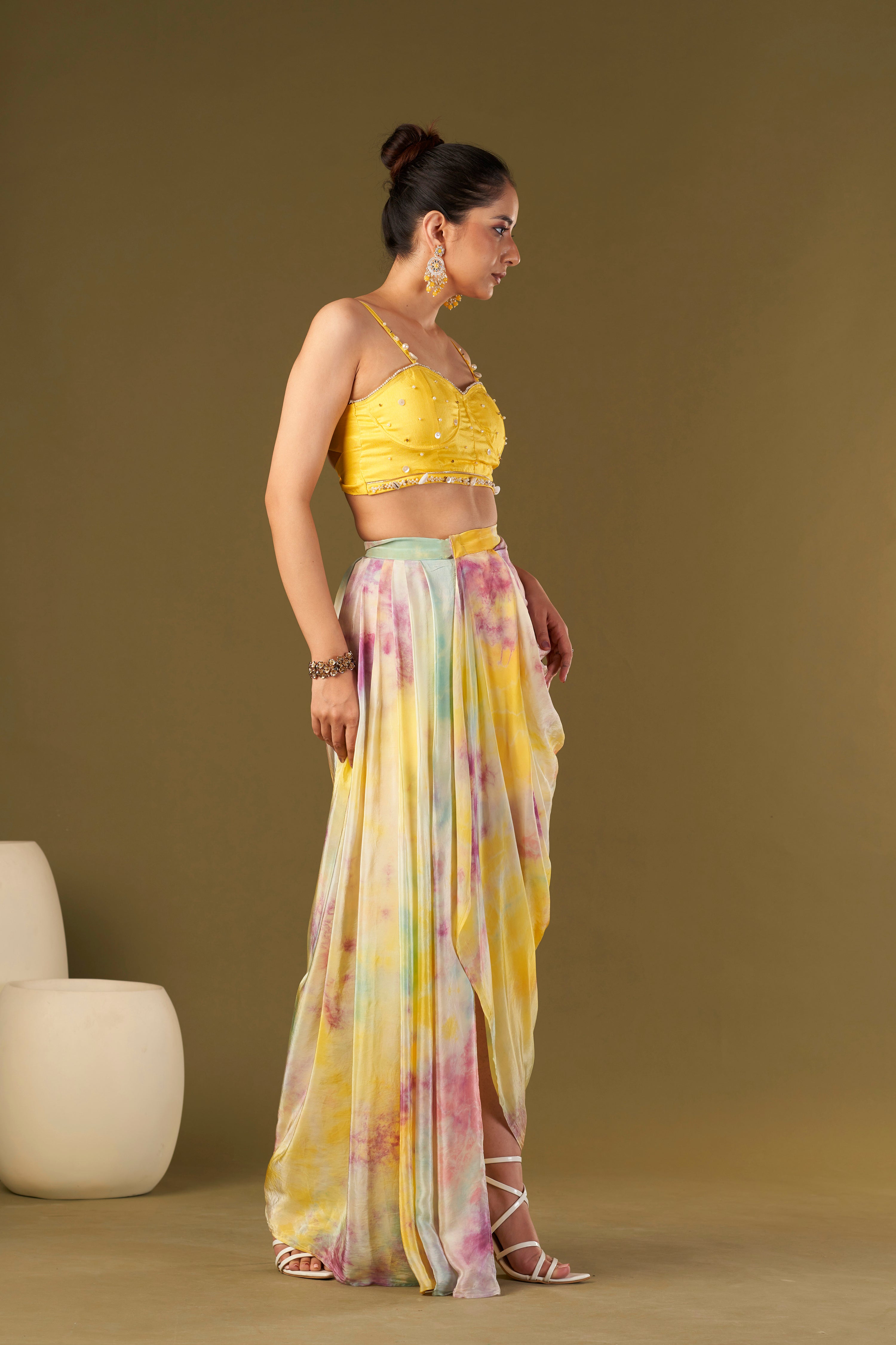 Tisya Multicolored Tie & Dyed Drape Skirt With Bustier
