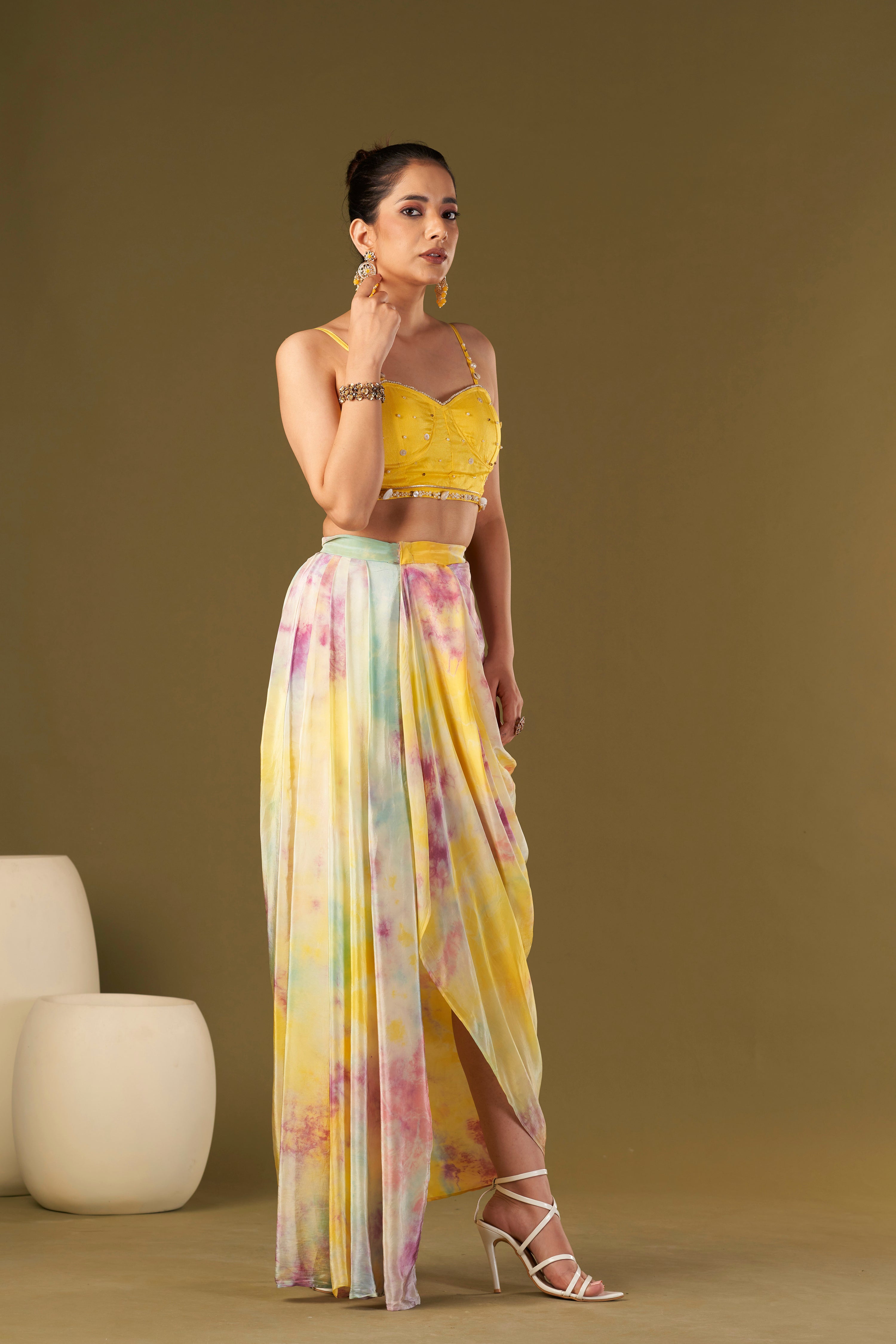 Tisya Multicolored Tie & Dyed Drape Skirt With Bustier