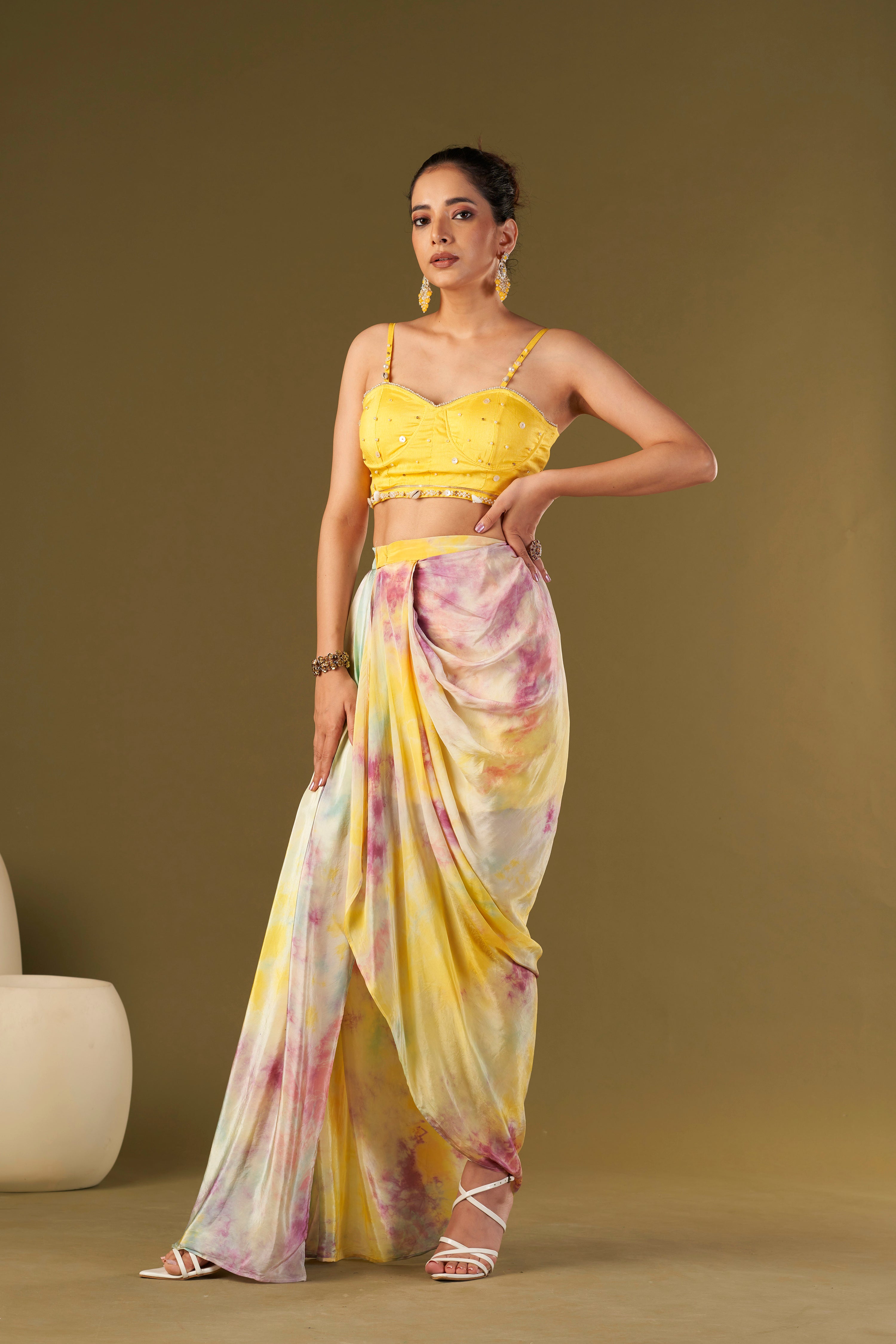 Tisya Multicolored Tie & Dyed Drape Skirt With Bustier