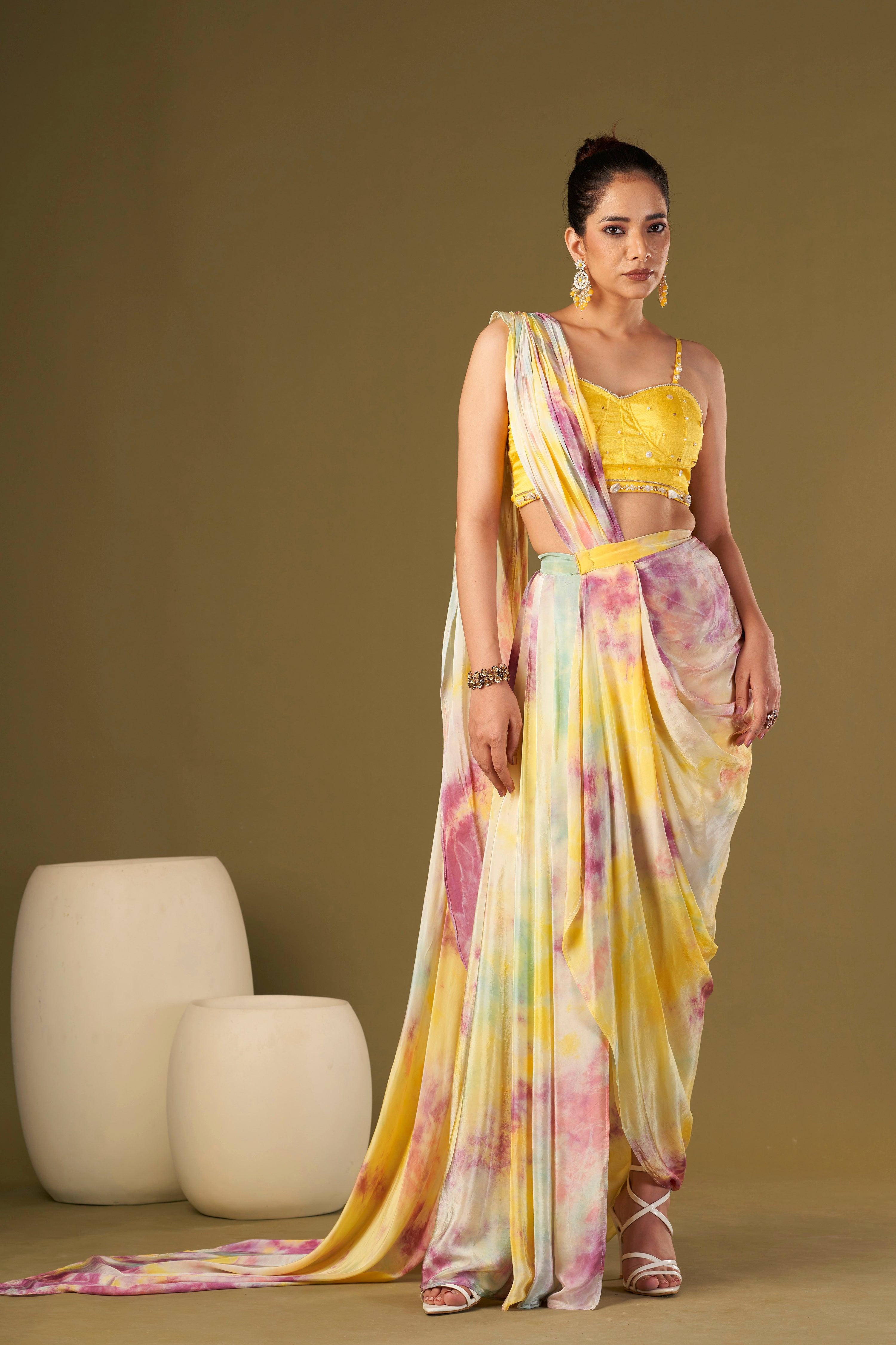 Tisya Multicolored Tie & Dyed Drape Saree With Bustier