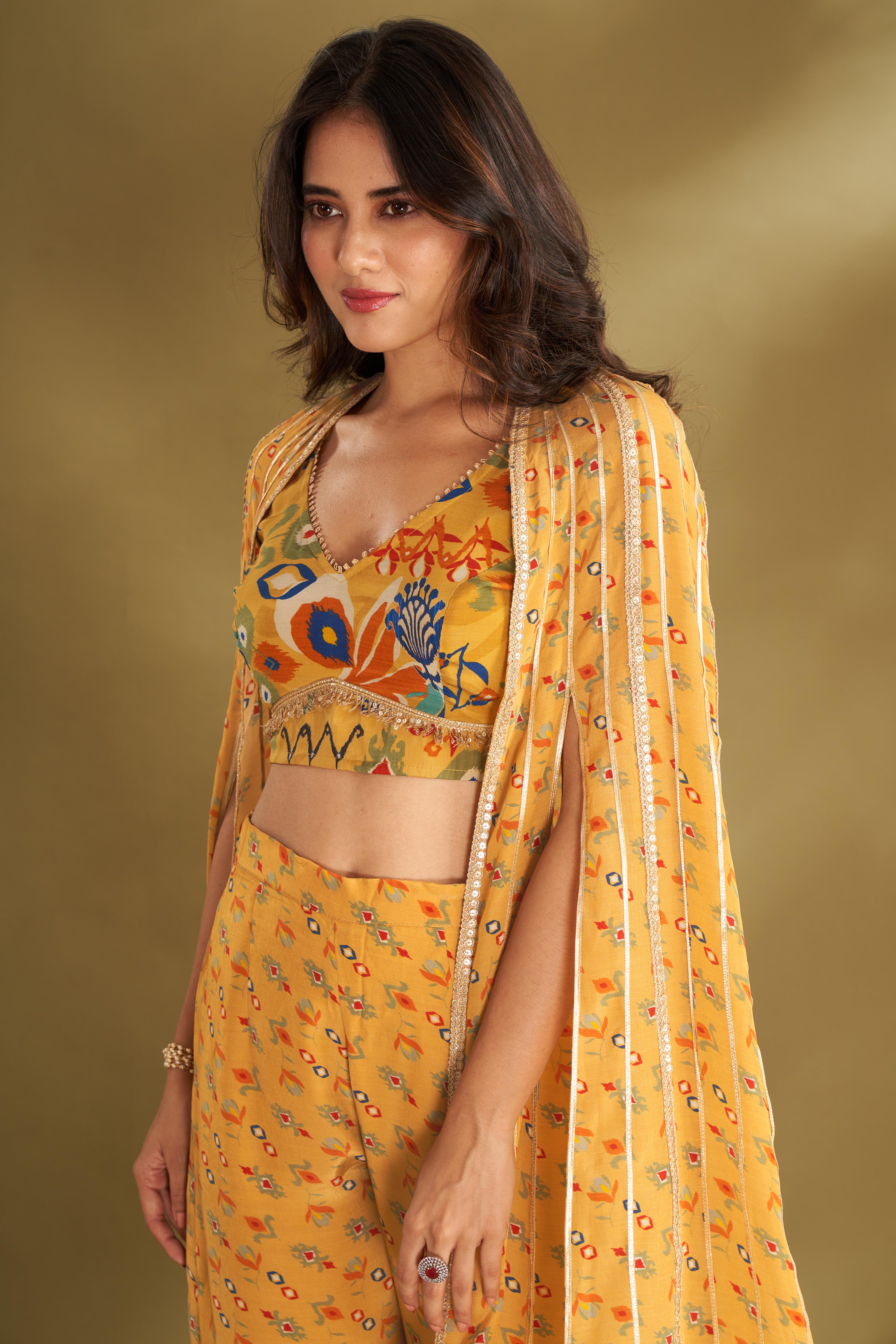 Dandelion Yellow Printed & Embroidered Cape Set
