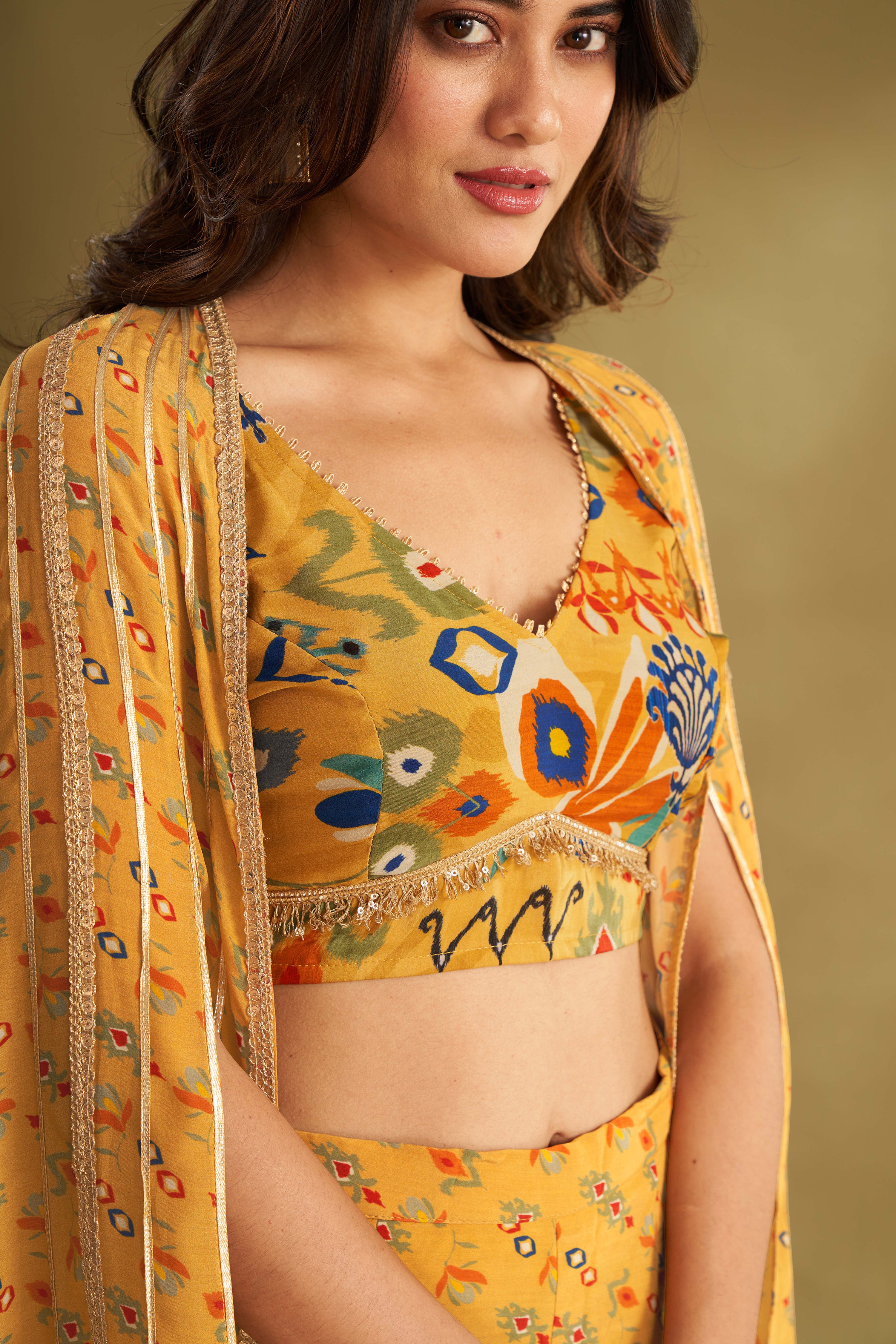 Dandelion Yellow Printed & Embroidered Cape Set