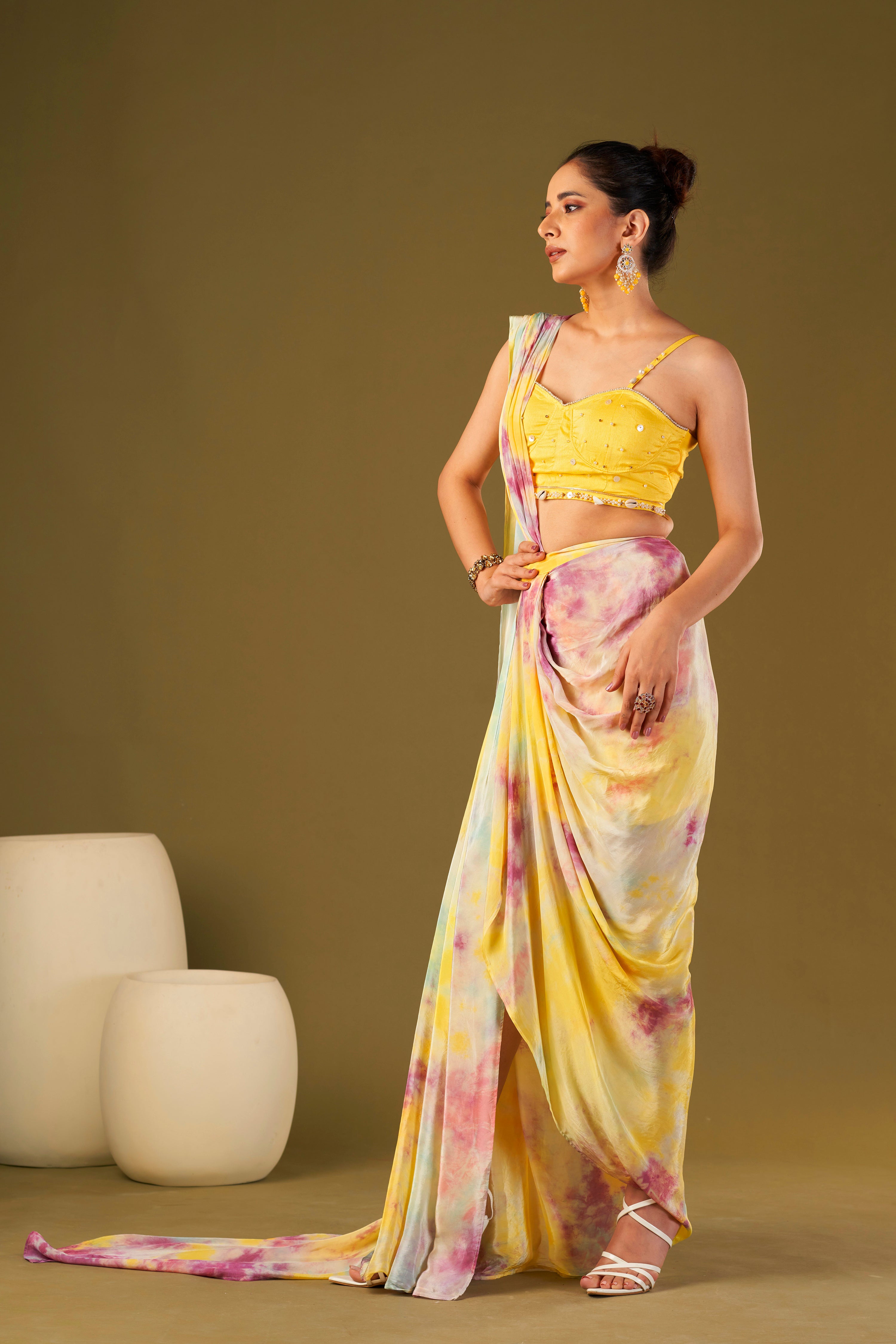 Tisya Multicolored Tie & Dyed Drape Saree With Bustier