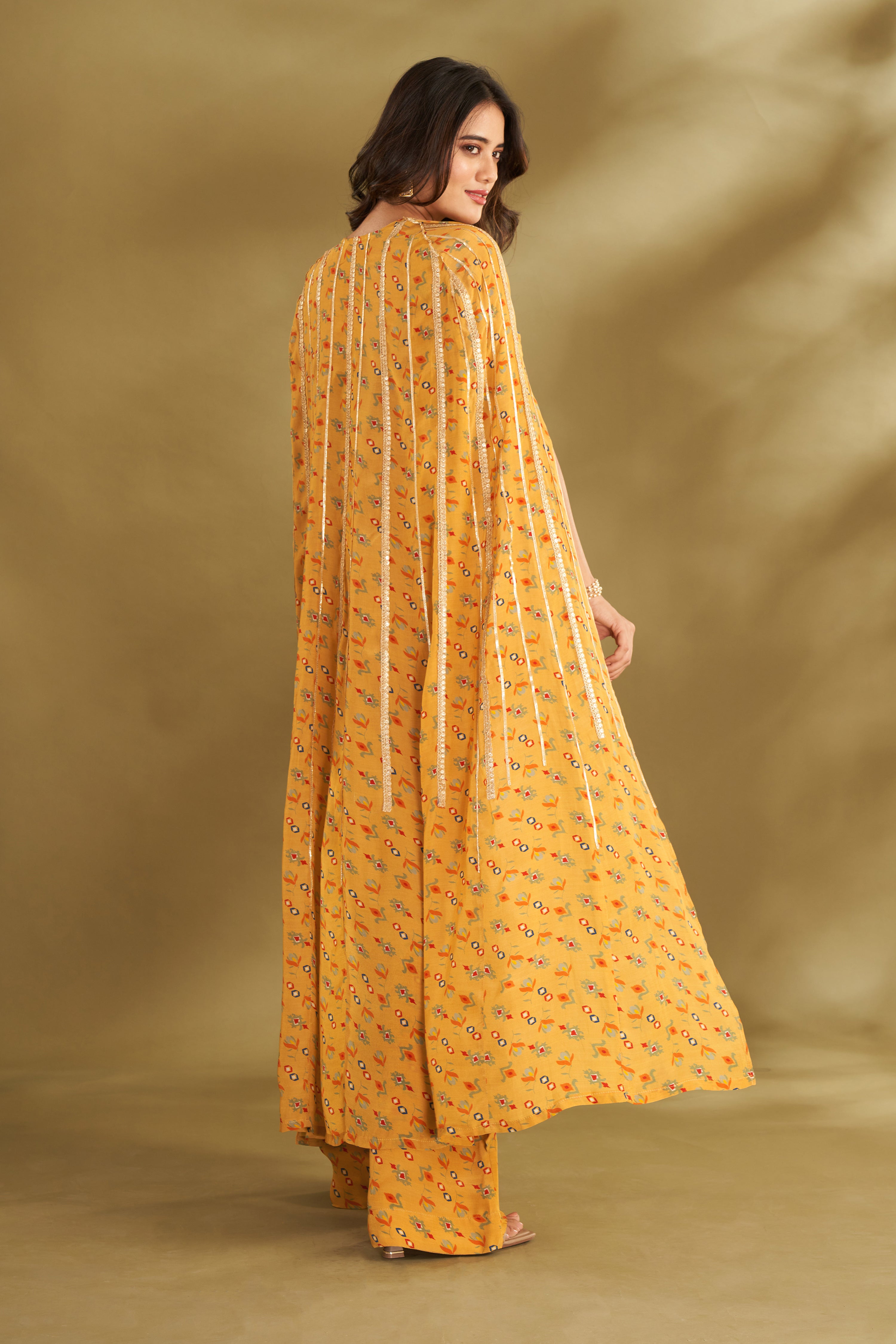 Dandelion Yellow Printed & Embroidered Cape Set