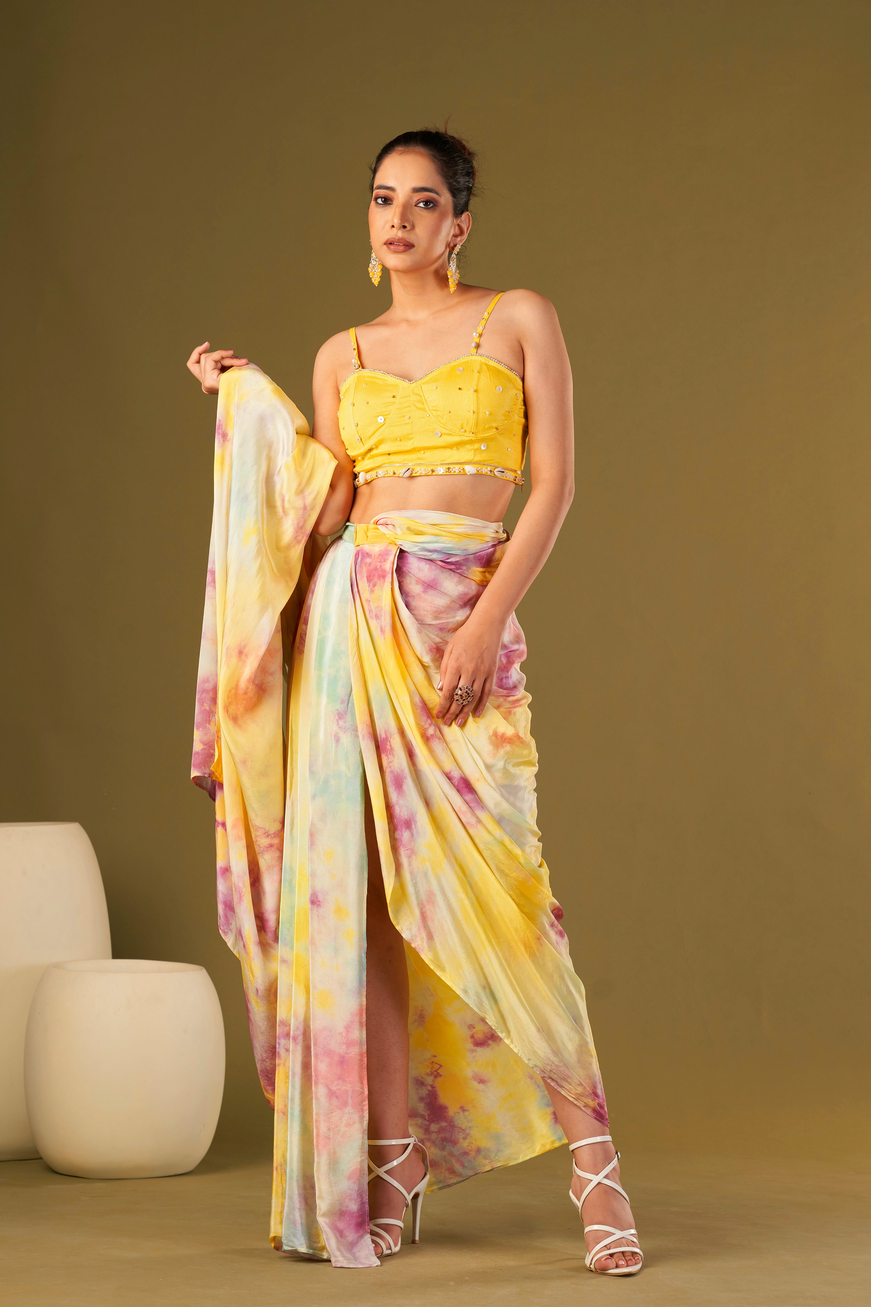 Tisya Multicolored Tie & Dyed Drape Saree With Bustier
