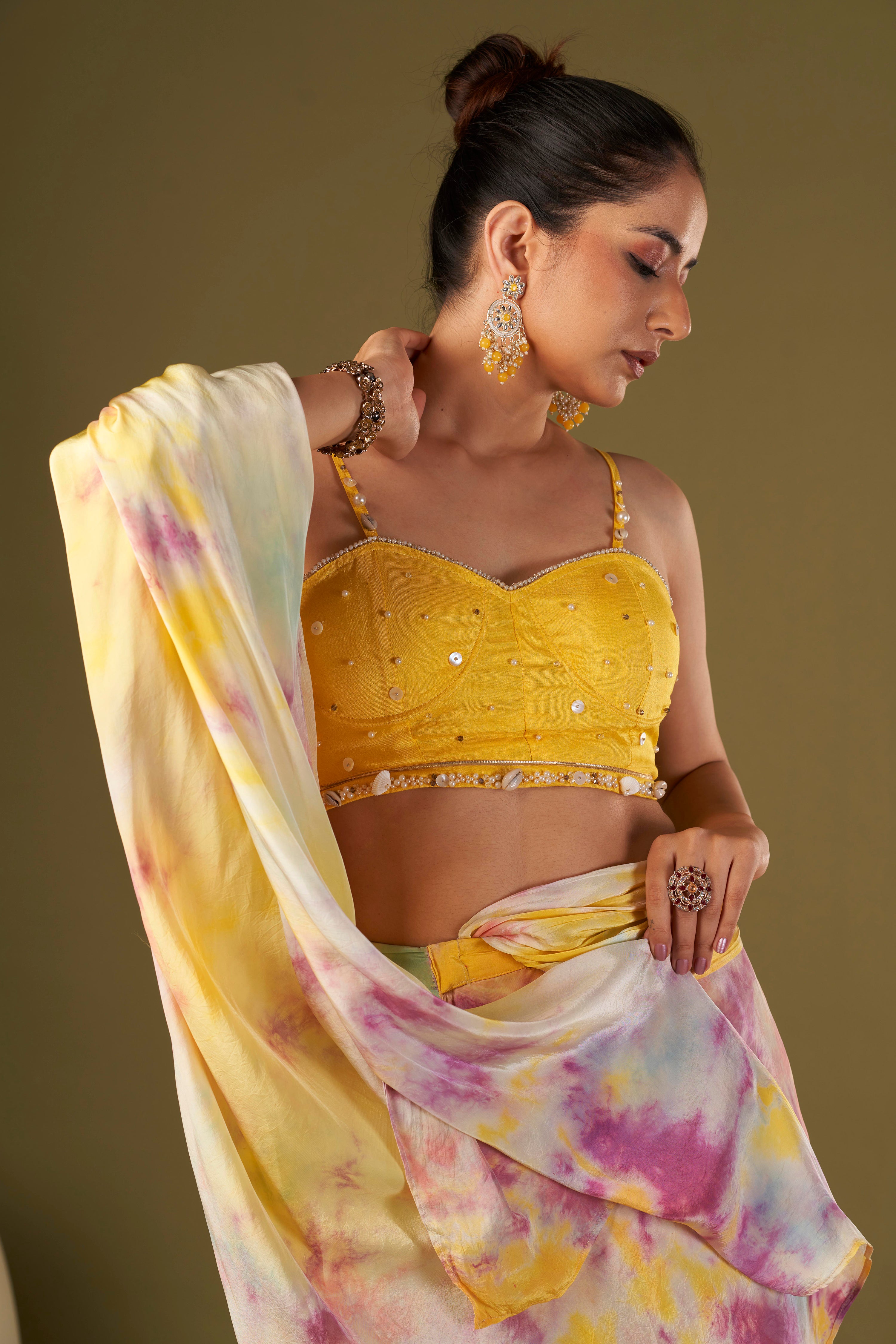 Tisya Multicolored Tie & Dyed Drape Saree With Bustier