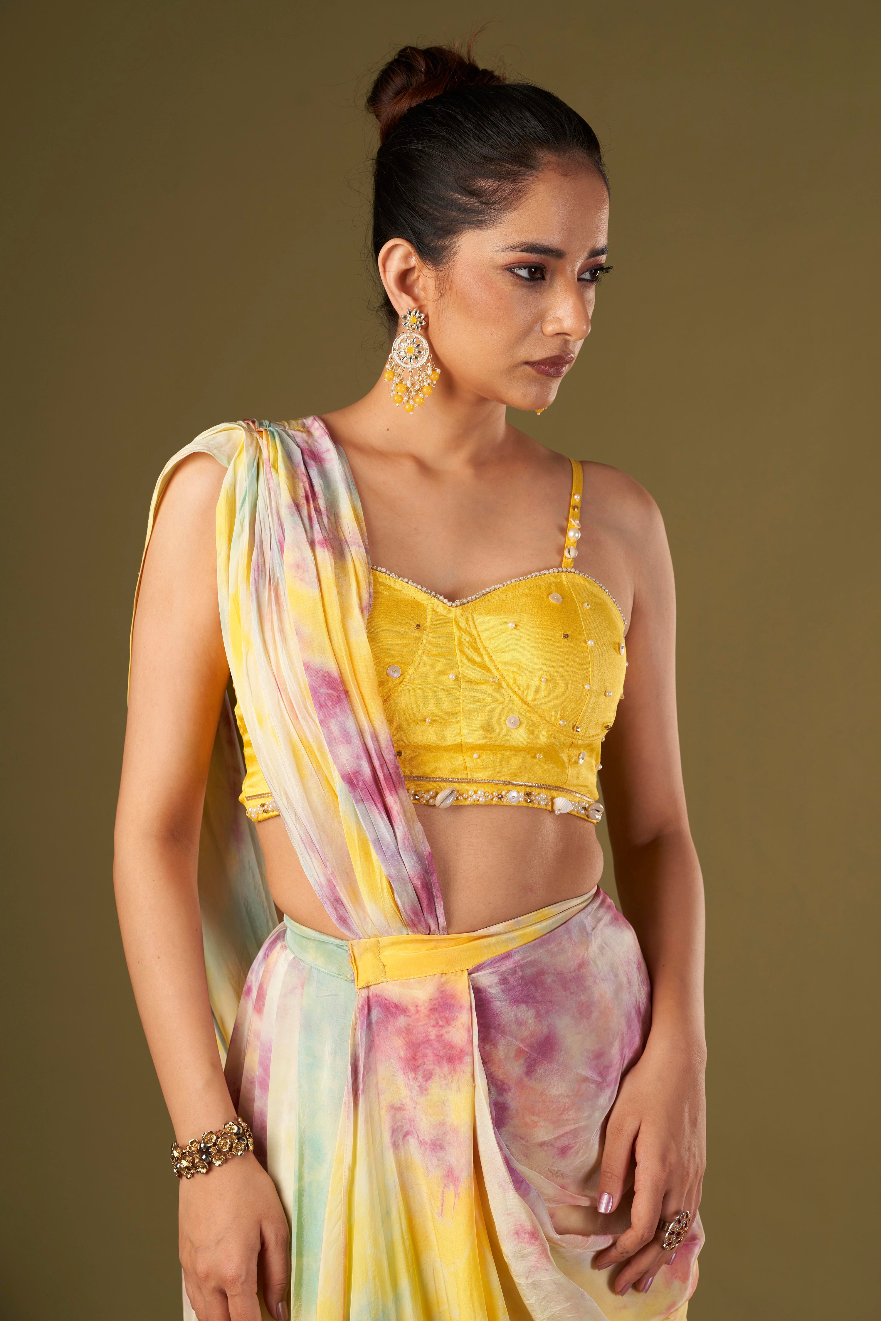 Tisya Multicolored Tie & Dyed Drape Saree With Bustier